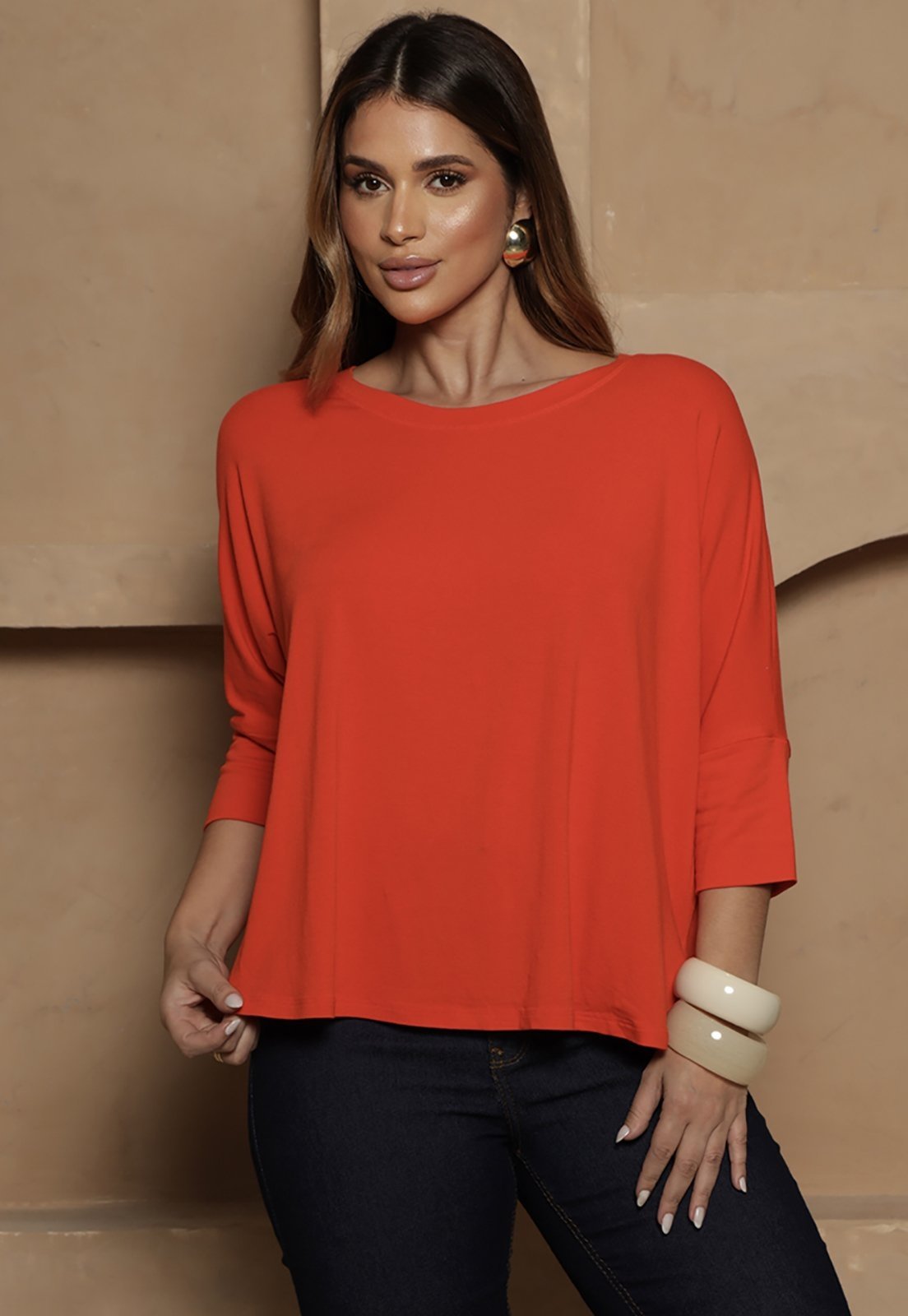 Blusa Amelia BBonnie Feminina Manga 3/4 em Malha Viscolycra Laranja