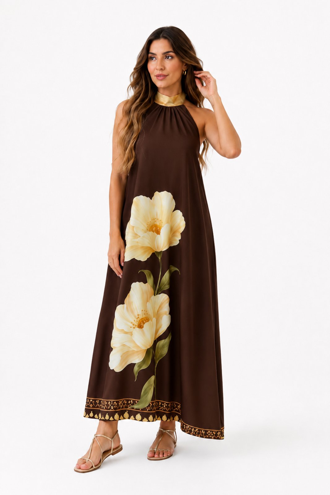 Vestido Frente Única Longo D Bell Outlet Fashion Estampa Floral Marrom