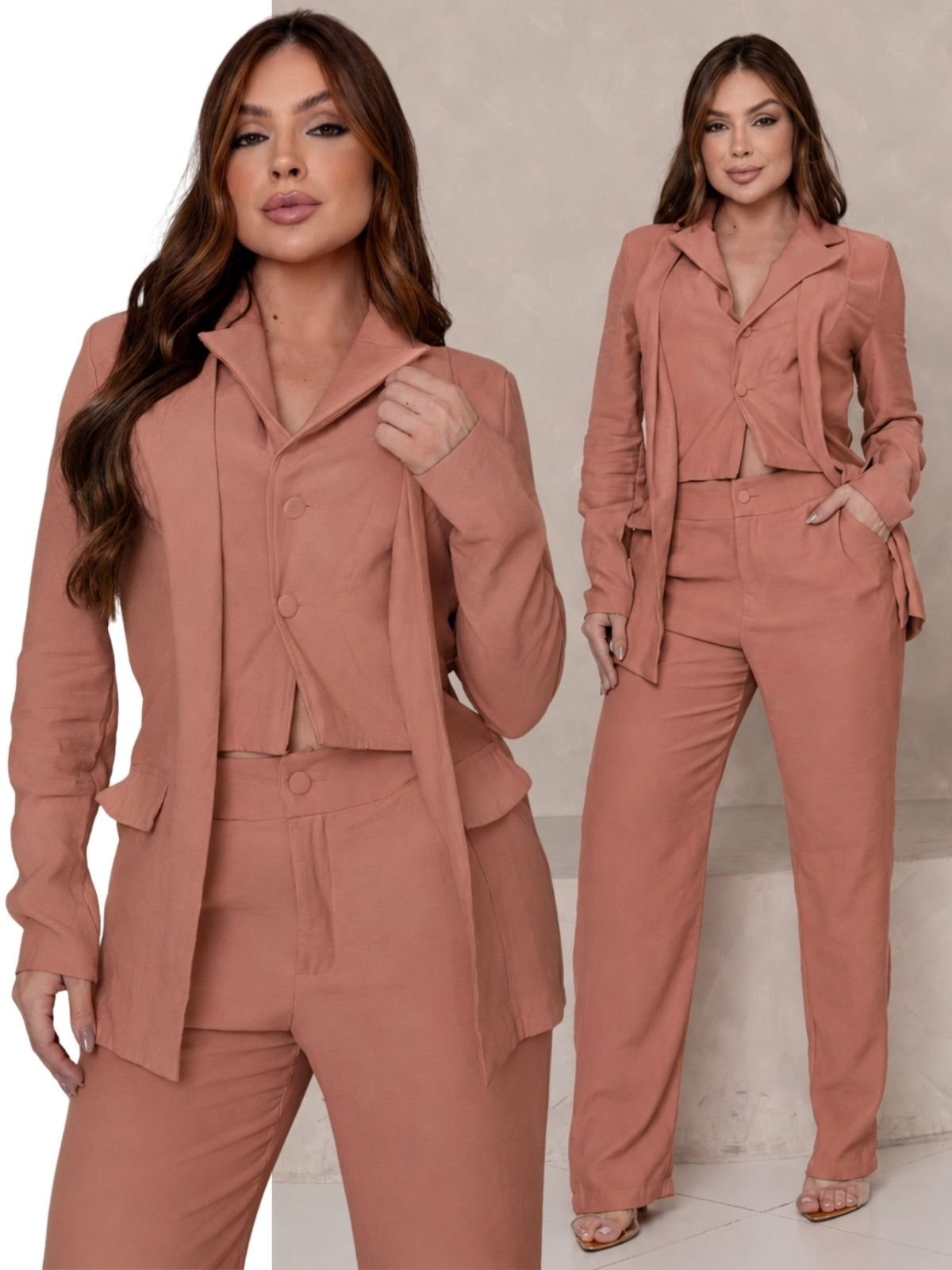 Conjunto Feminino Elegante Blazer Cropped Duplo e Calça Alfaiataria de Cintura Alta Marrant - Marrom