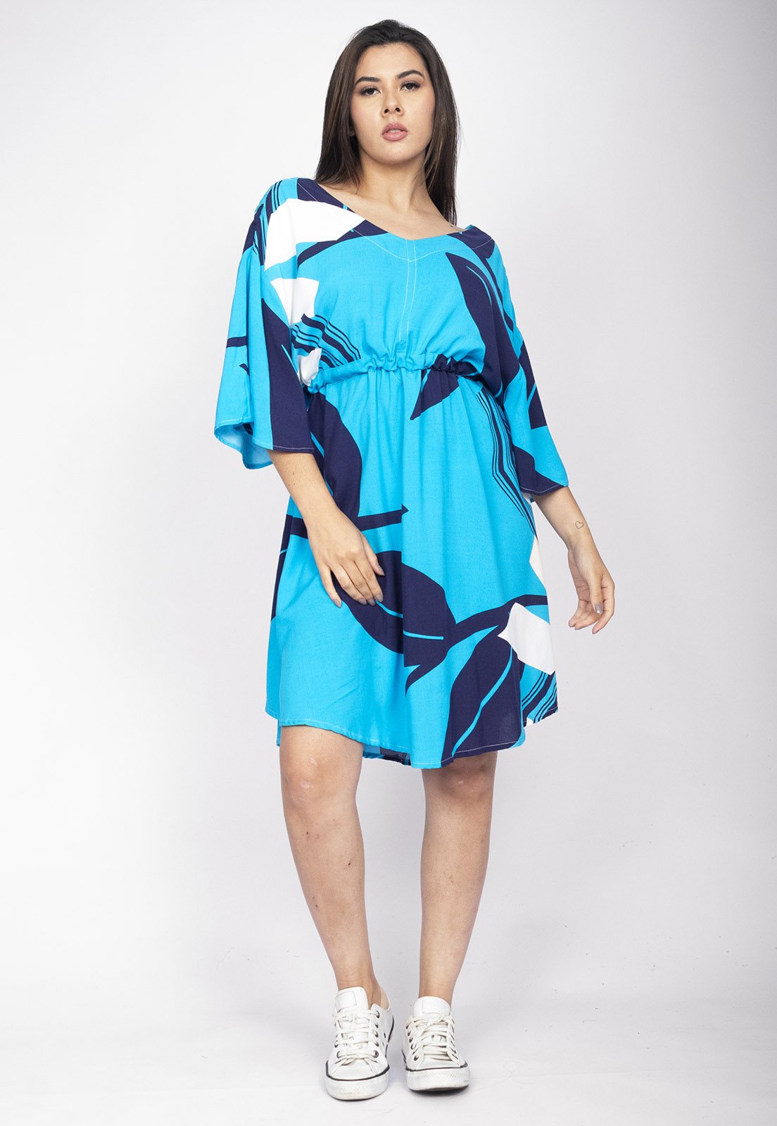 Vestido Curto CabanaFree Caaxixá Viscose com Cordão na Cintura Estampa Imbé Blue
