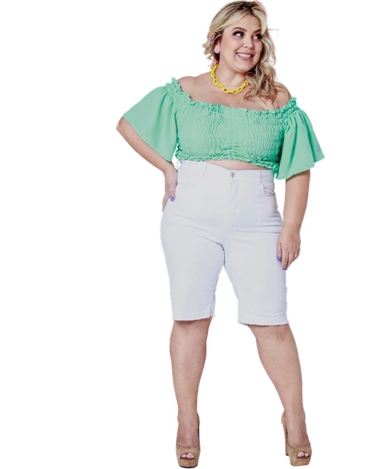 Bermuda Feminina Biker Plus Size Branco Razon Jeans Multicolorido