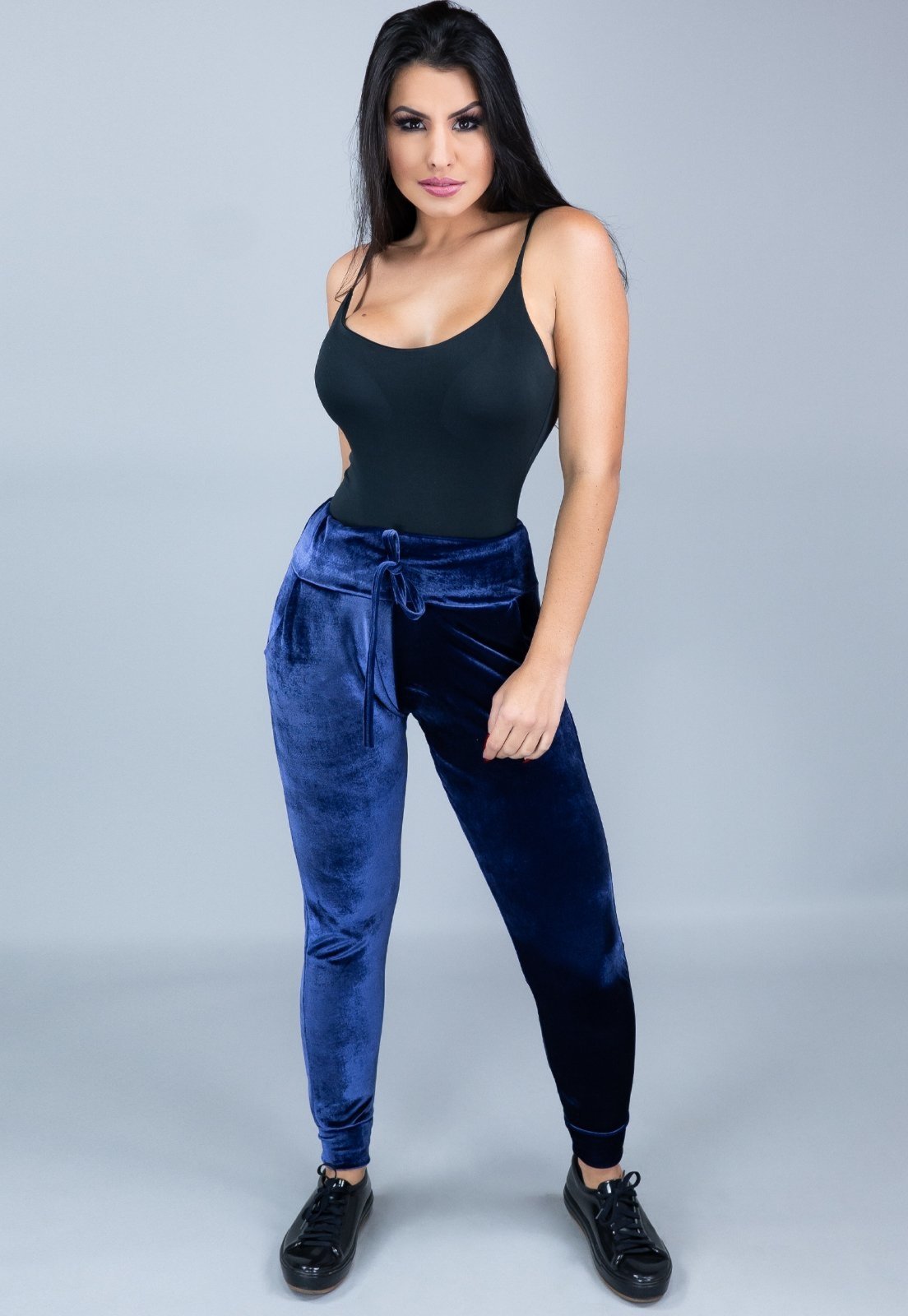 Calça Ribana Jogger MVB Modas Veludo Feminina Cintura Alta Azul