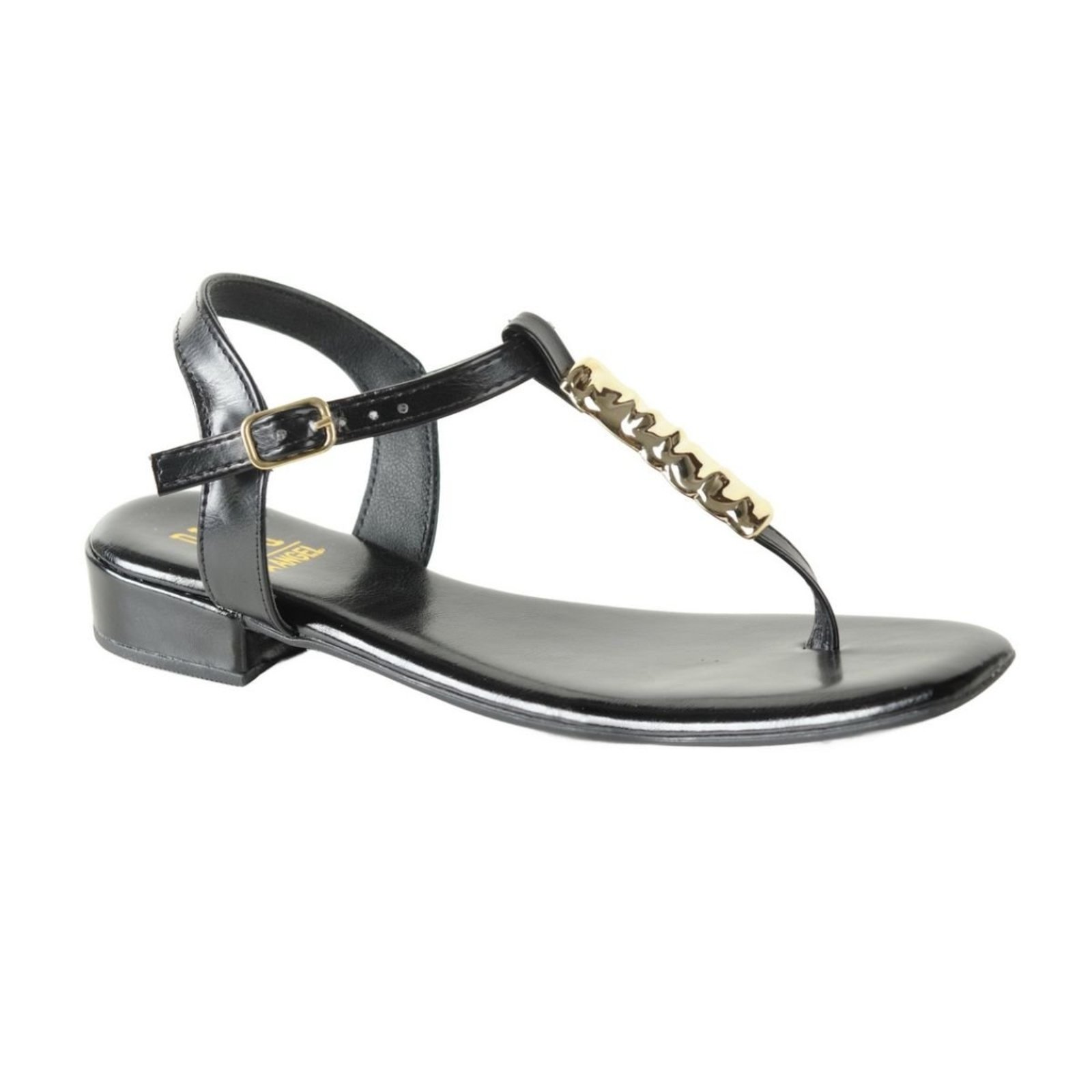 Sandália Feminina Tira Dedo T-Strap Salto Bloco Baixo Fivela Caramelo Via Angel 98.03 Preto