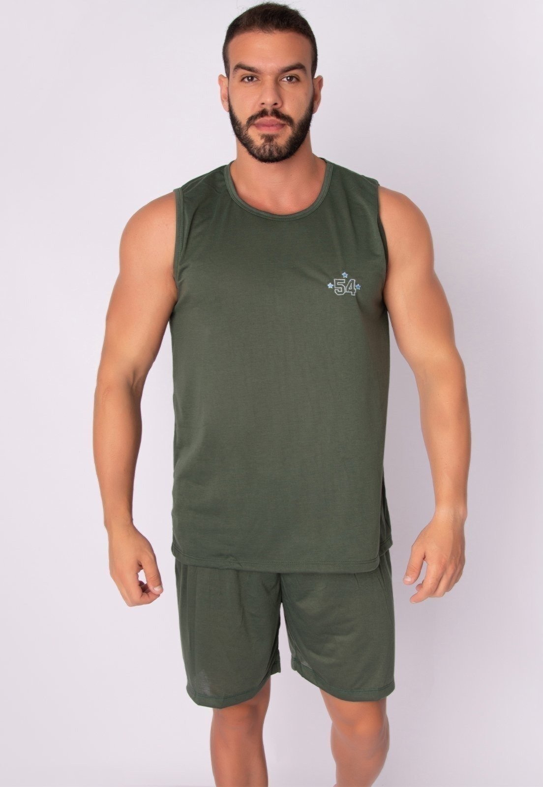 Pijama Masculino Serra e Mar Modas Fechado Verão Regata Liso Escuro