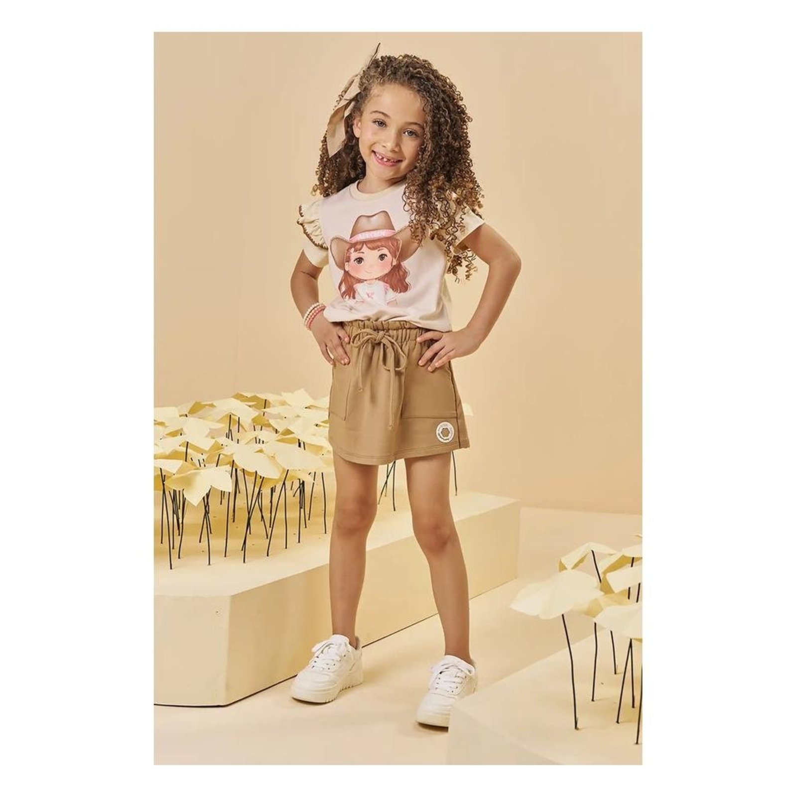 Infantil - Conjunto Feminino Camiseta Babados Saia Kukiê Bege Marrom 10 Bege