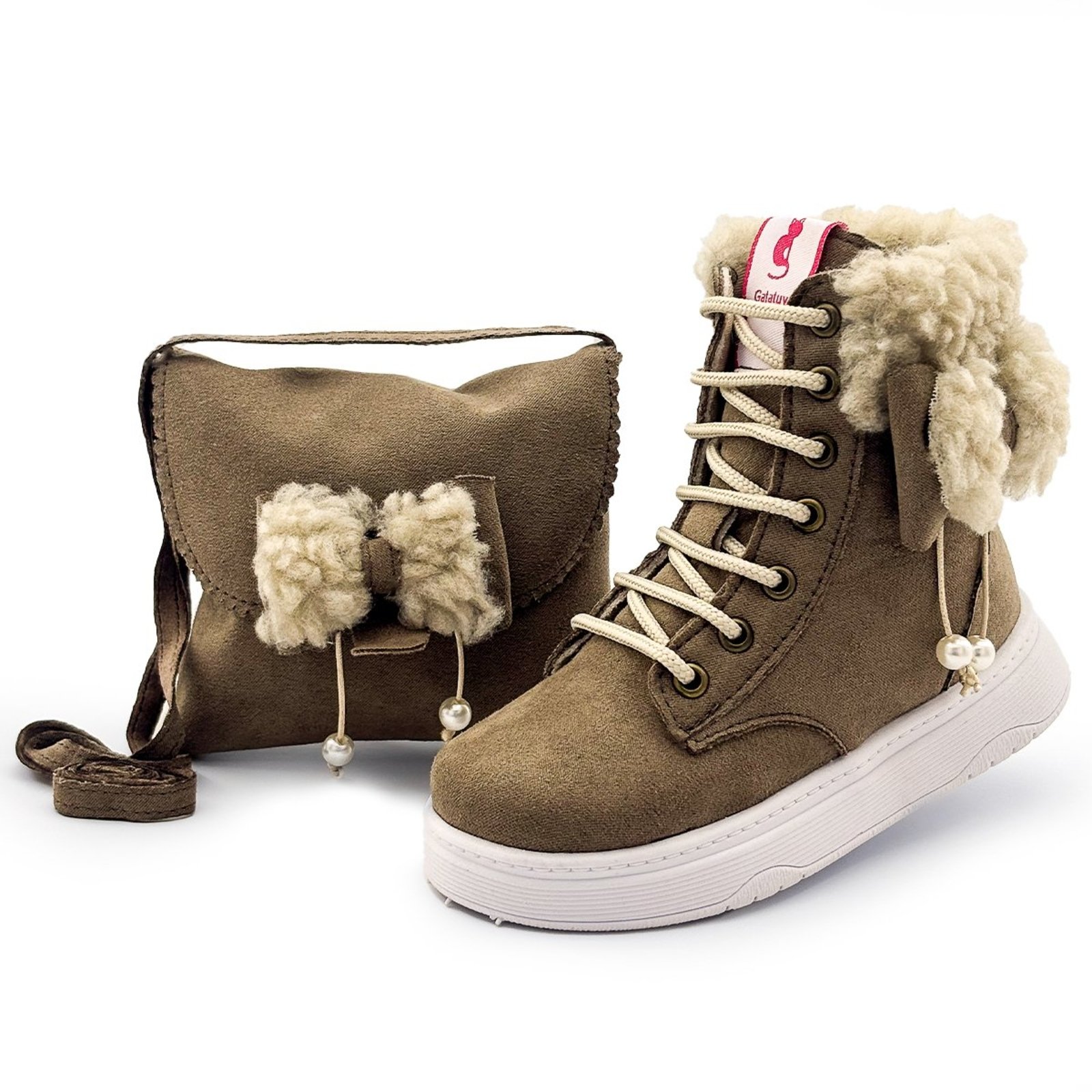 Infantil - Kit Botinha Cinza Cano Alto Menina Com Bolsa Laço Inverno Confortável