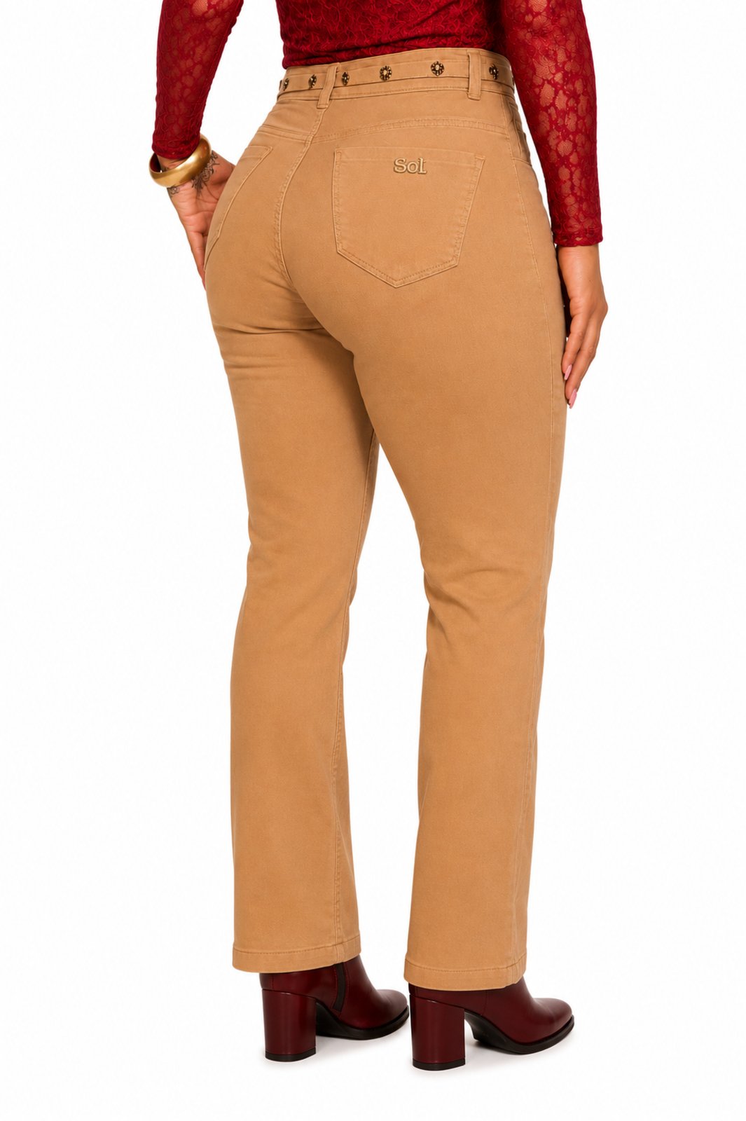 Calça Feminina Sarja Reta Com Cinto e Elastano Bege