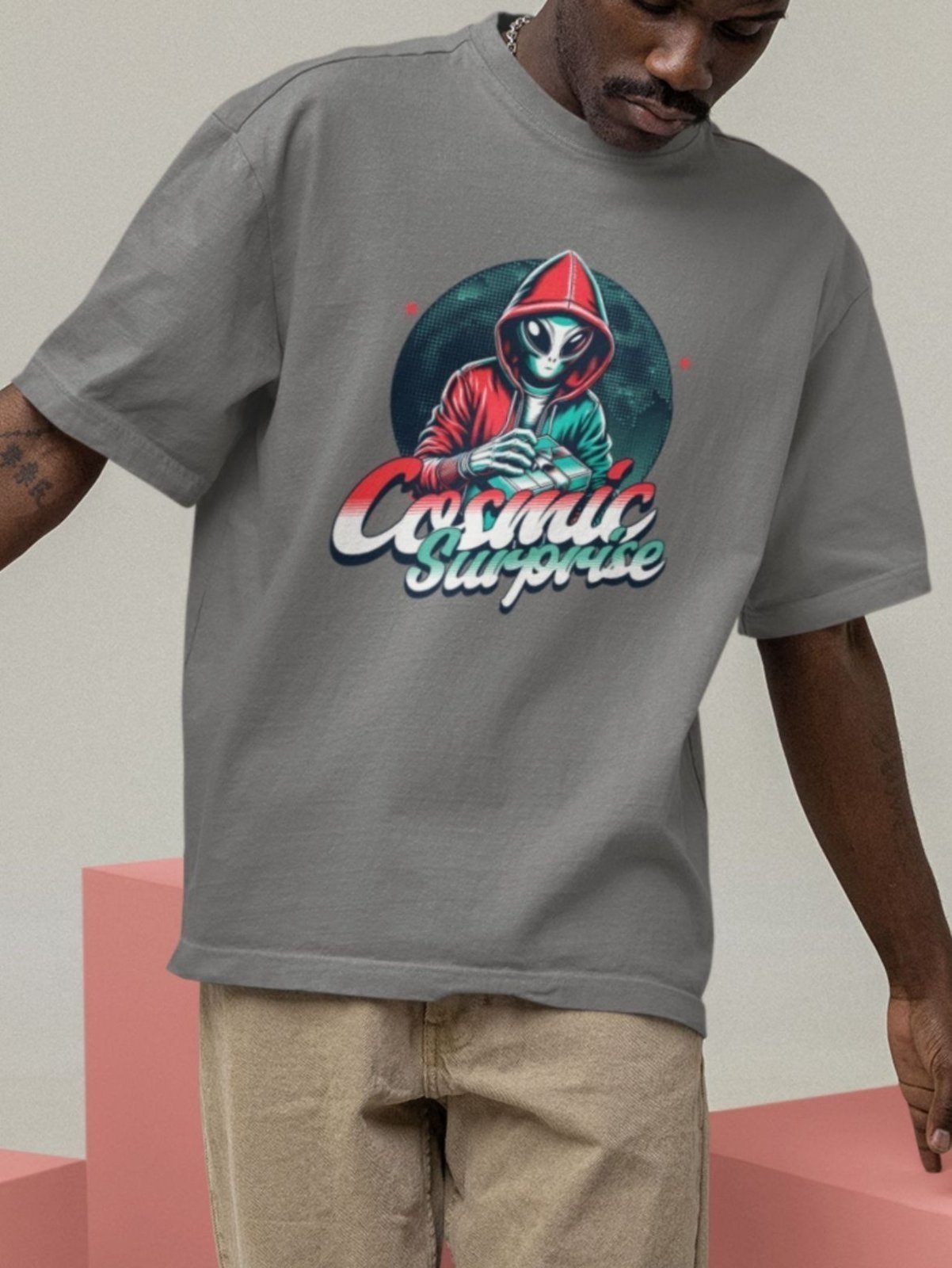 Vista 3 Camiseta Básica Masculina Alienígena ET Espaço Ciência Área 51 Chumbo Gugi preto Gugi preto