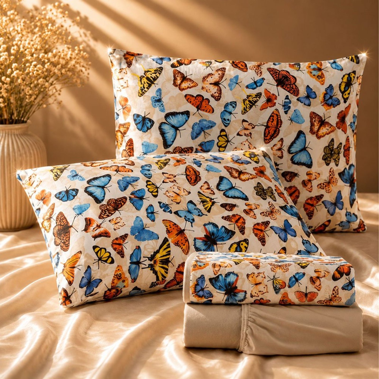 Jogo de Cama Lençol Malha Grossa Fio Penteado 100% Algodão Casal 4 Peças - Borboleta