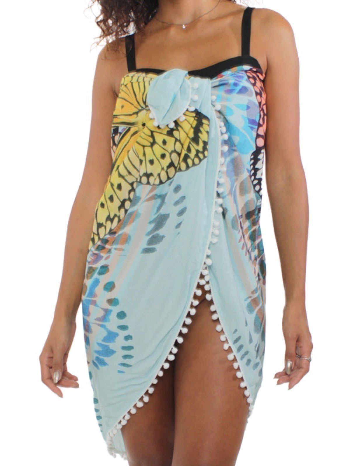 Vista 3 Canga REDONDA Pareô POMPOM Viscose Estampada EXCLUSIVA Borboletas 101 Resort Wear azul 101 Resort Wear azul