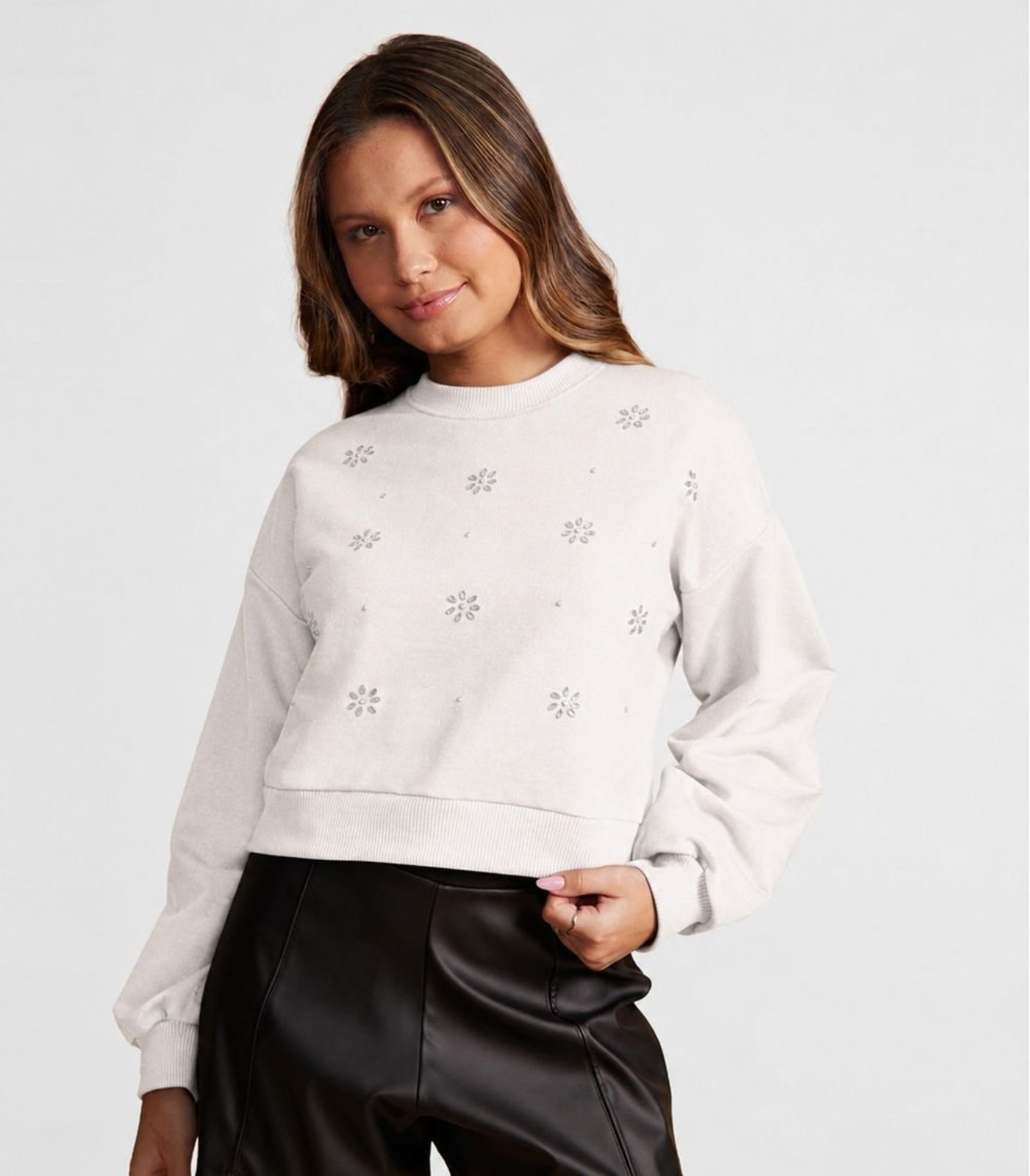 Infantil - Blusão Juvenil Moletom Sem Felpa Com Strass Minty Bege