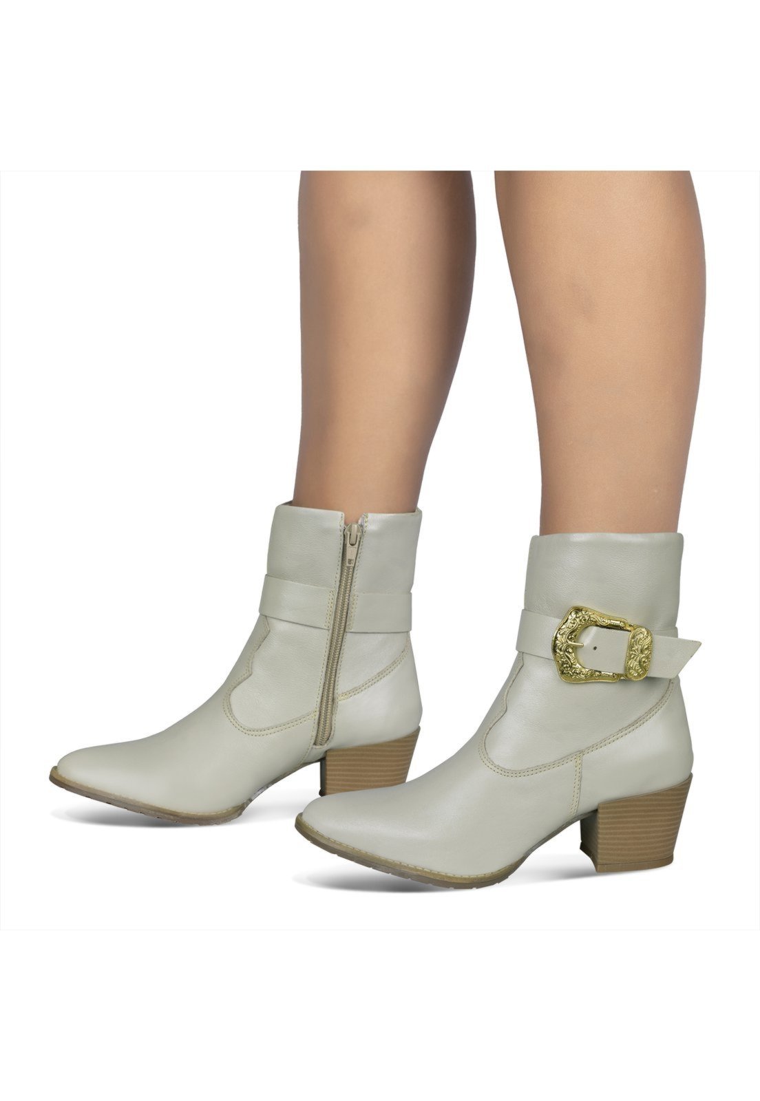 Bota Feminina Western Couro Legitimo Off-white Salto Bloco 8808