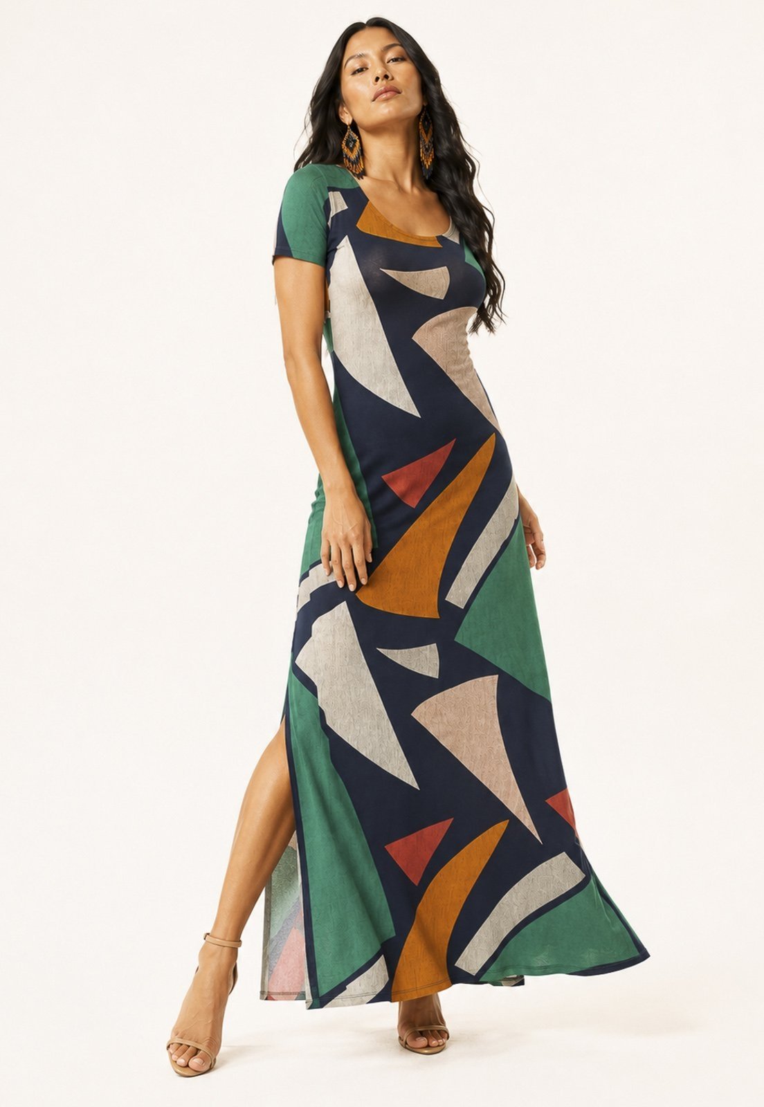 Vestido Longo Amazônia Vital Malha Gola Canoa Manga Curta Geometrias do Tempo
