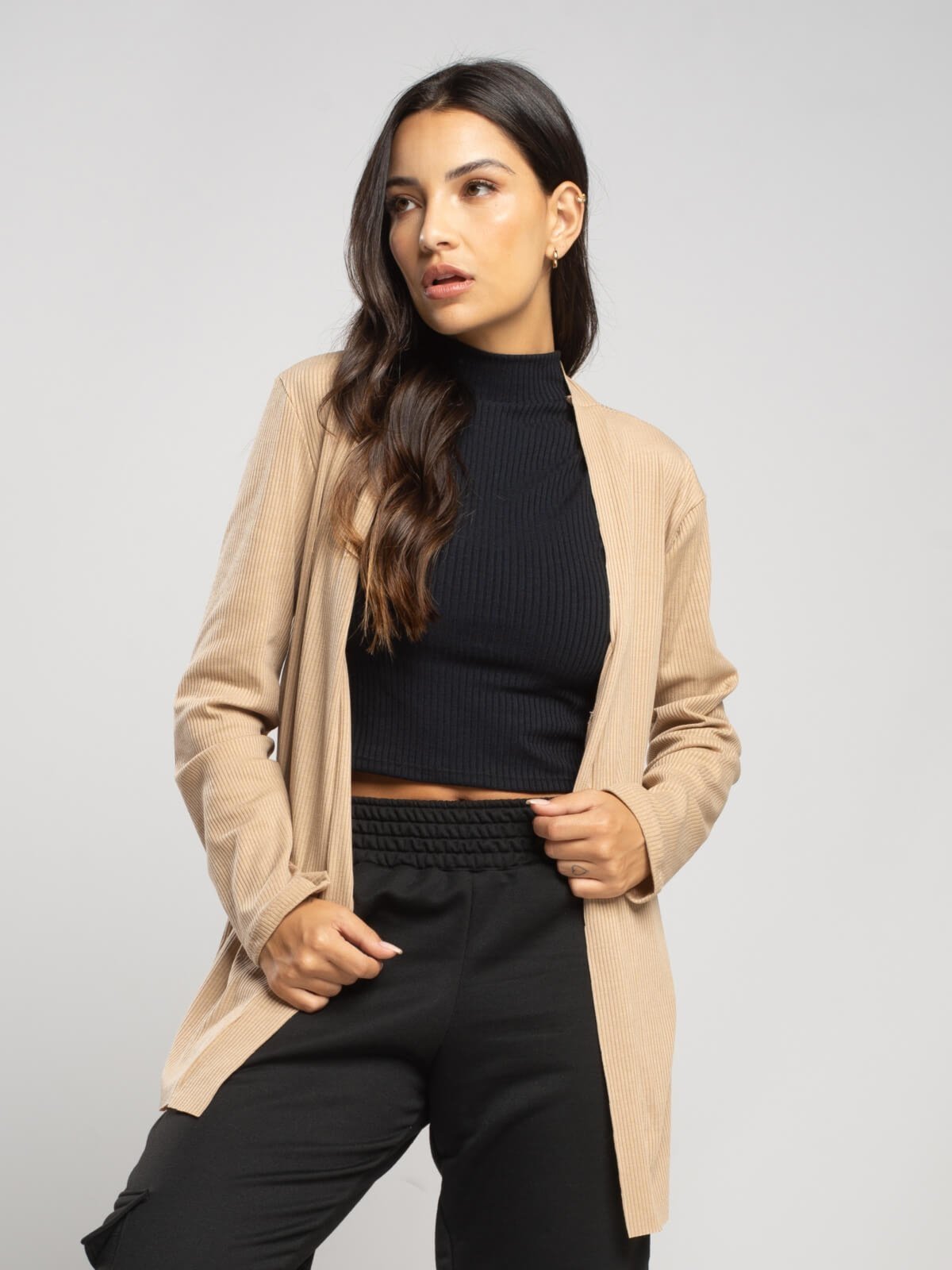 Cardigan Canelado Vicbela Kimono Manga Longa Aberto Bege