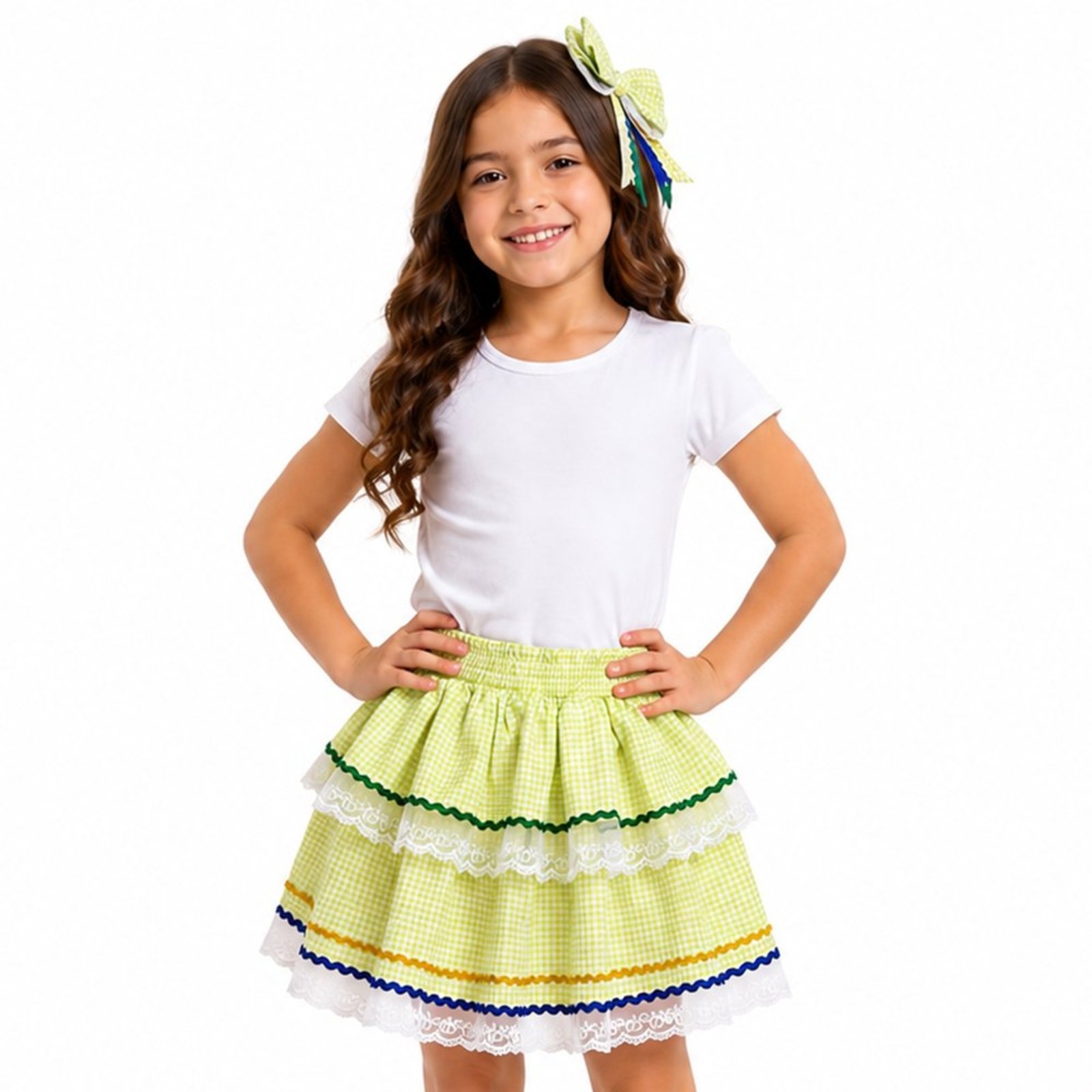Infantil - Saia Junina Juvenil Look Jeans Babado Xadrez Amarelo Brasil