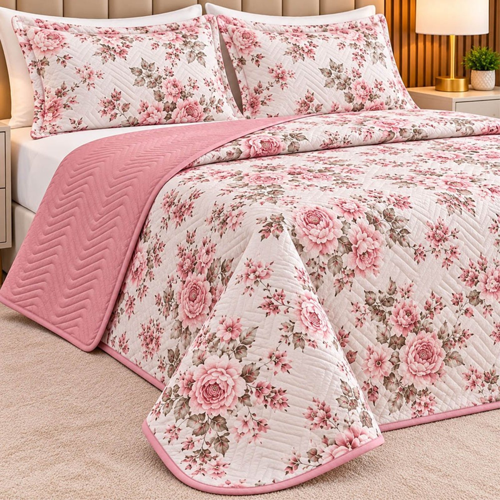 Cobre Leito Colcha Floraltta Casal 3 Peças Percal 150 Fios Dupla Face - Rosê