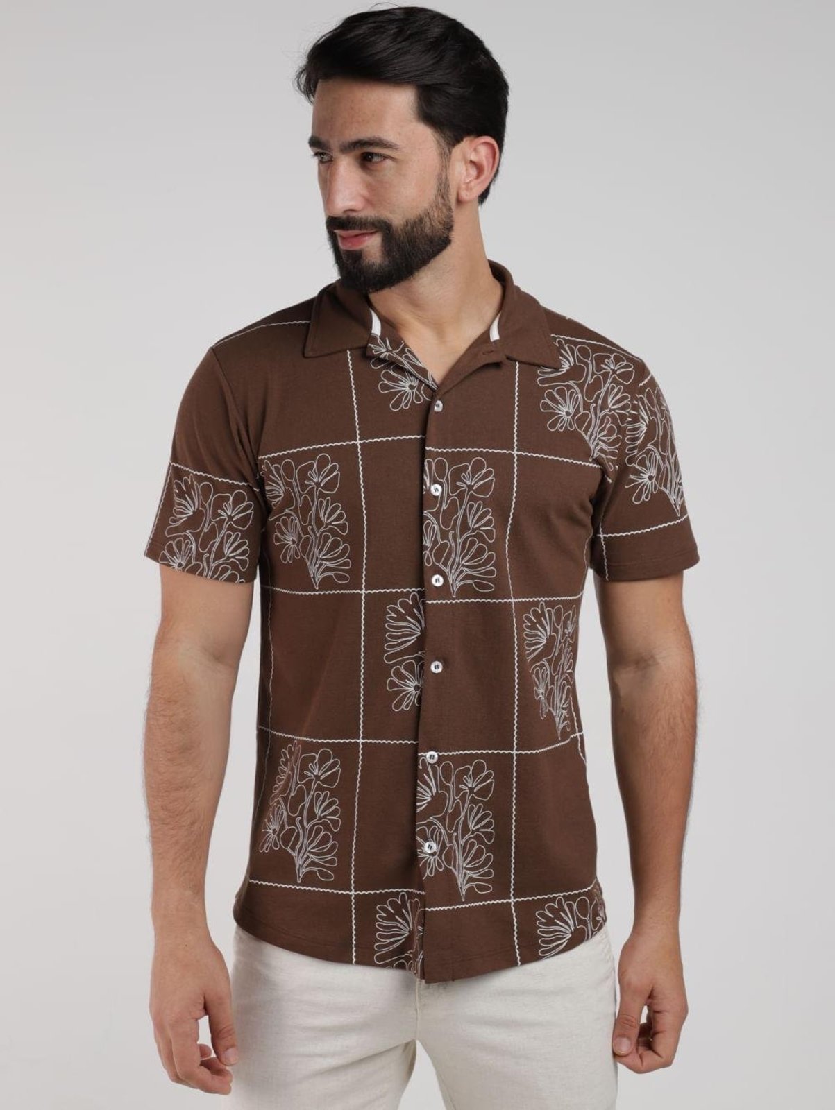 Camisa Malha Estampada Manga Curta Masculina MARROM