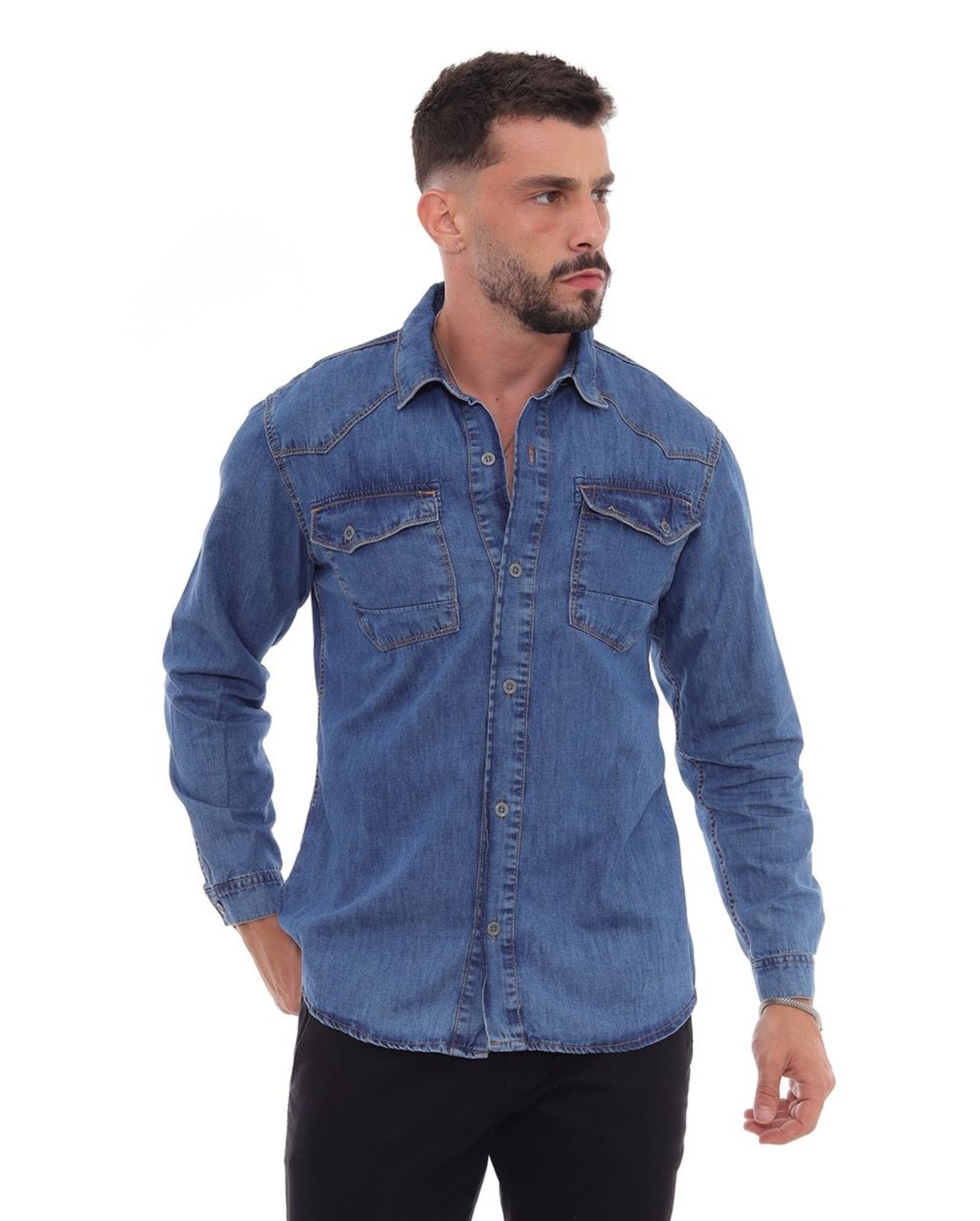 Camisa Jeans Masculina Recorte No Ombro 22607 Média Consciência