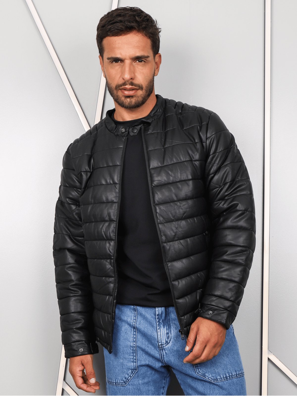 Jaqueta Masculina Peluciada Couro Impermeável Sem Capuz Puffer Bomber