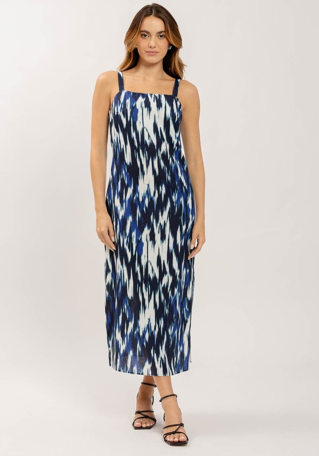 Vestido Midi em Linho Estampado com Decote Reto