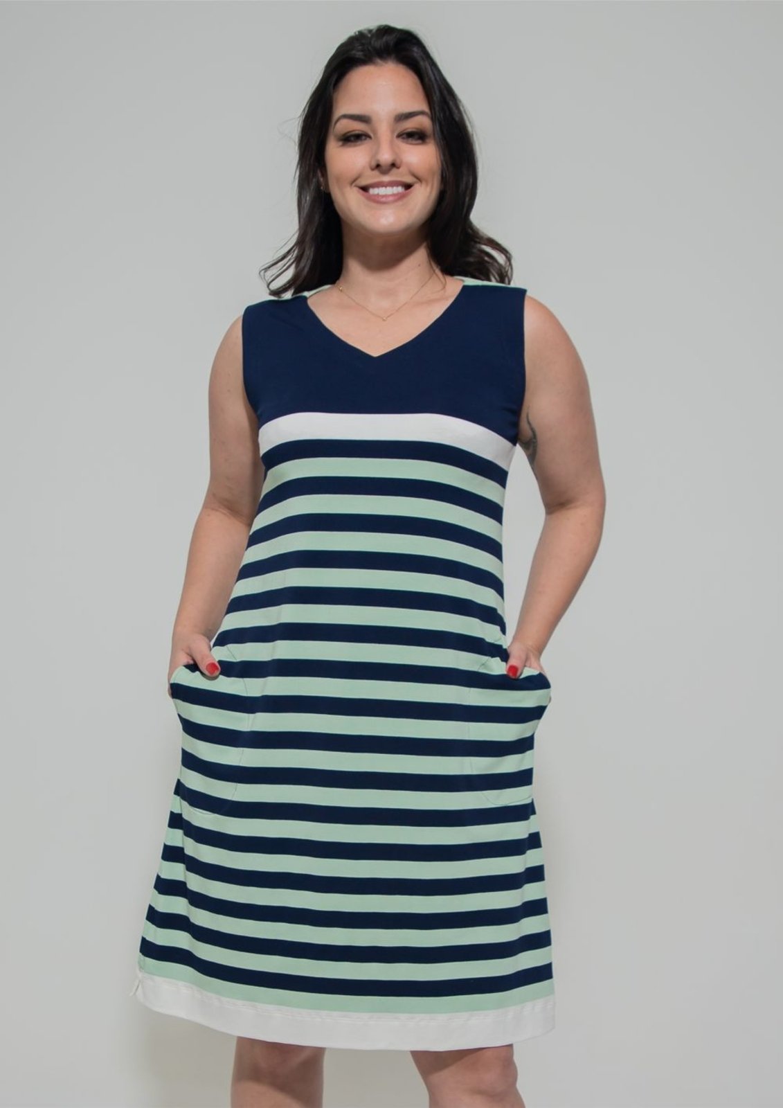 Vestido Pau a Pique Listrado Azul Marinho e Verde VERDE – G Pau a Pique