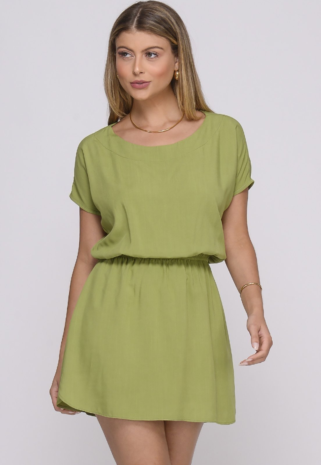 Vista 2 Vestido Curto M/C Elástico na Cintura Stela Pistache BBonnie verde BBonnie verde