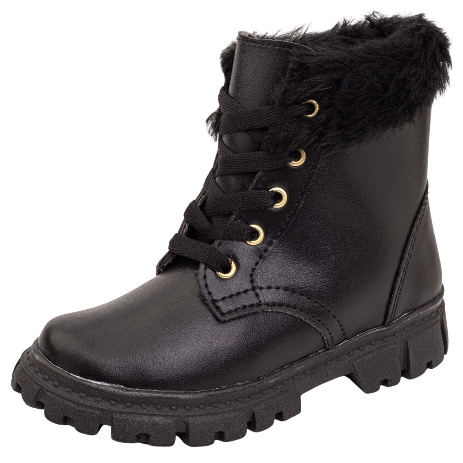 Vista 2 Infantil - Coturno Feminino Bota Menina Tratorada Com Pelinhos Angipé preto