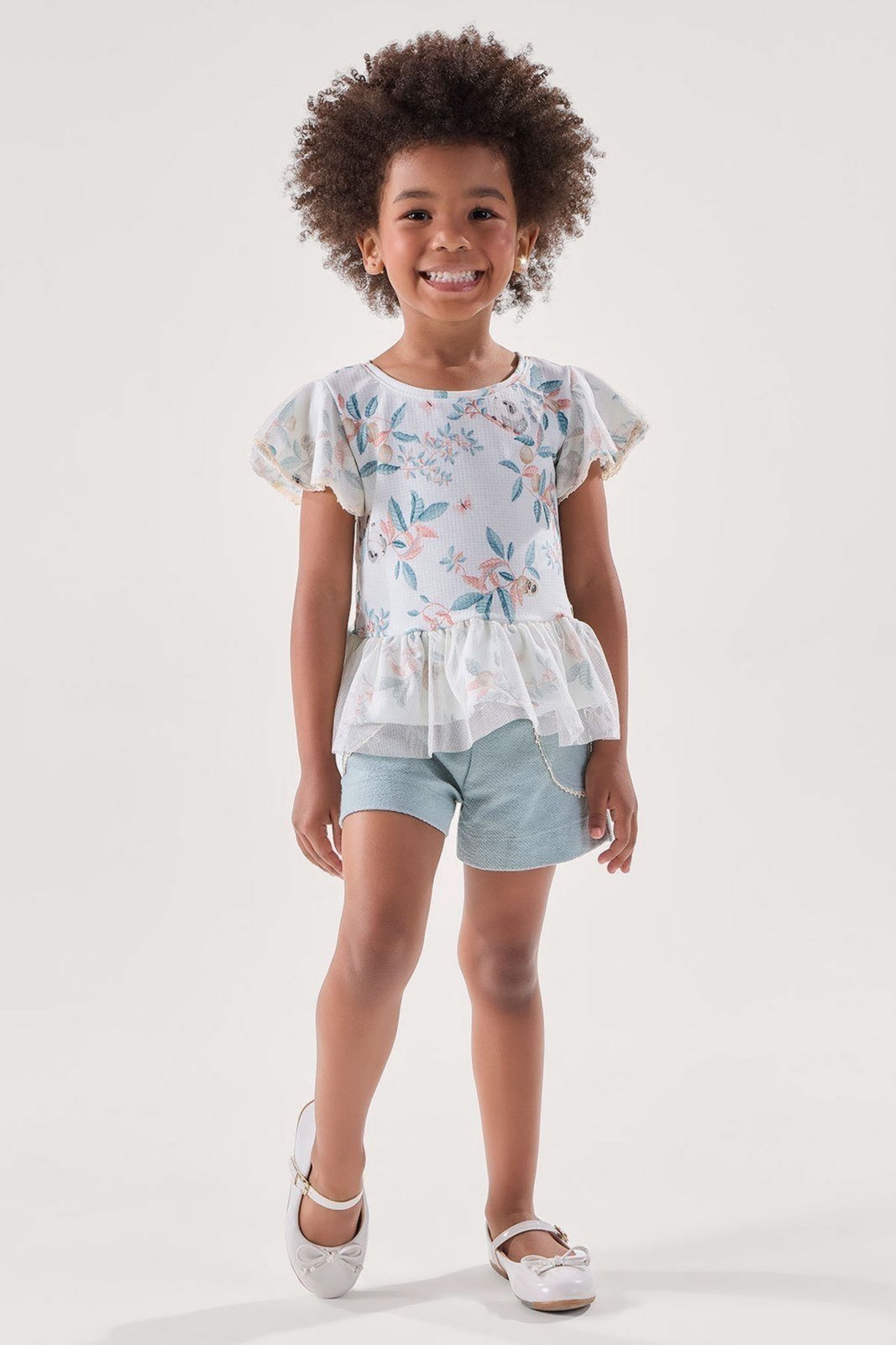 Infantil - Conjunto Blusa Aqua em Malha Texturizada com Shorts em Moletom