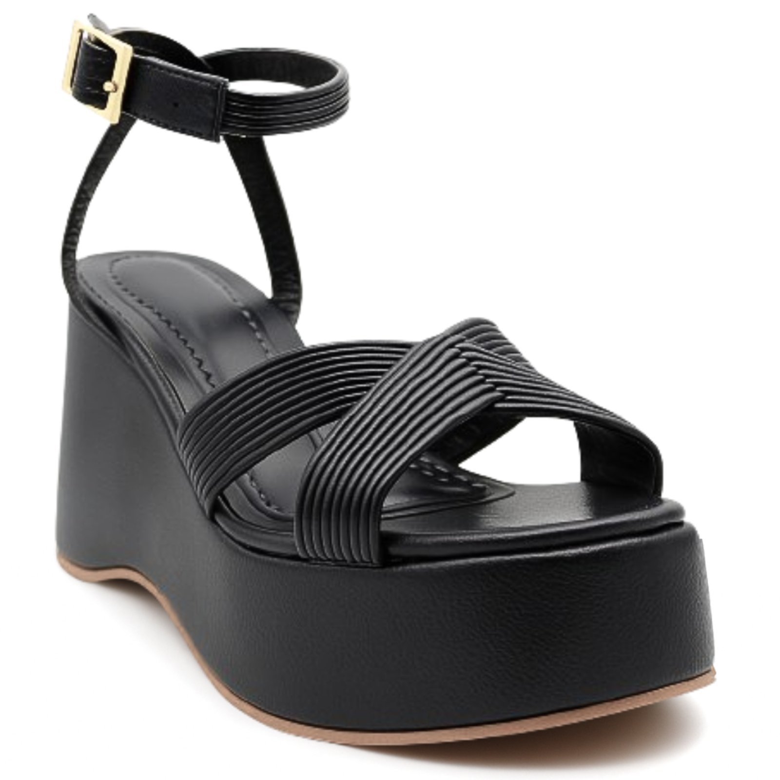 Sandália Plataforma Feminina Anabela Tira em X Delicada Floter Preto 9000