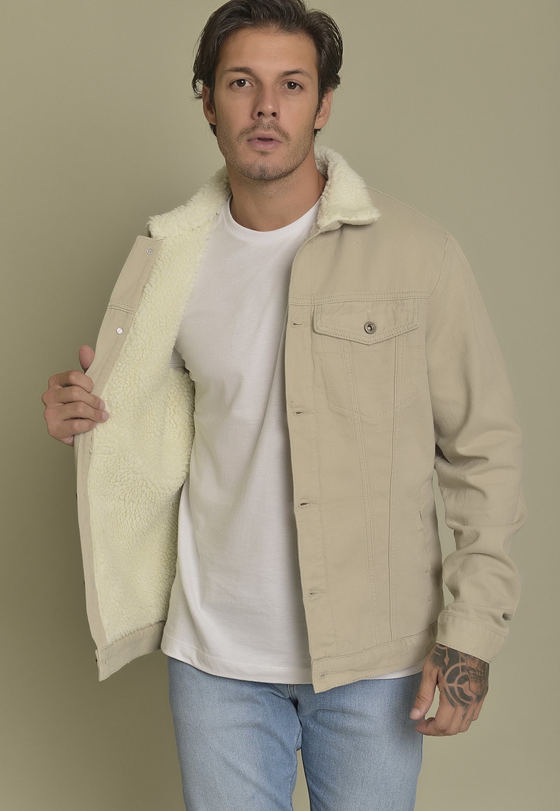 Jaqueta Sarja Colorido com Forro Sherpa Dialogo Jeans Areia Masculino