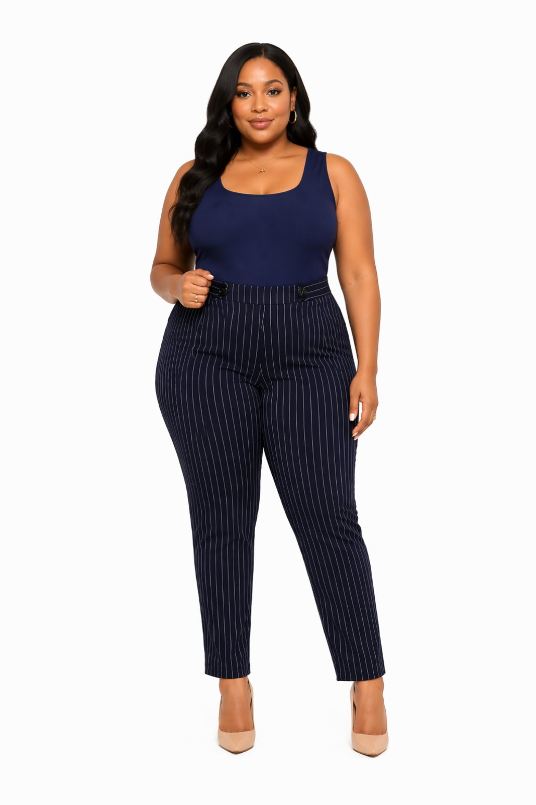 Calça Social Plus Size D Bell Outlet Fashion Listrada Azul Marinho