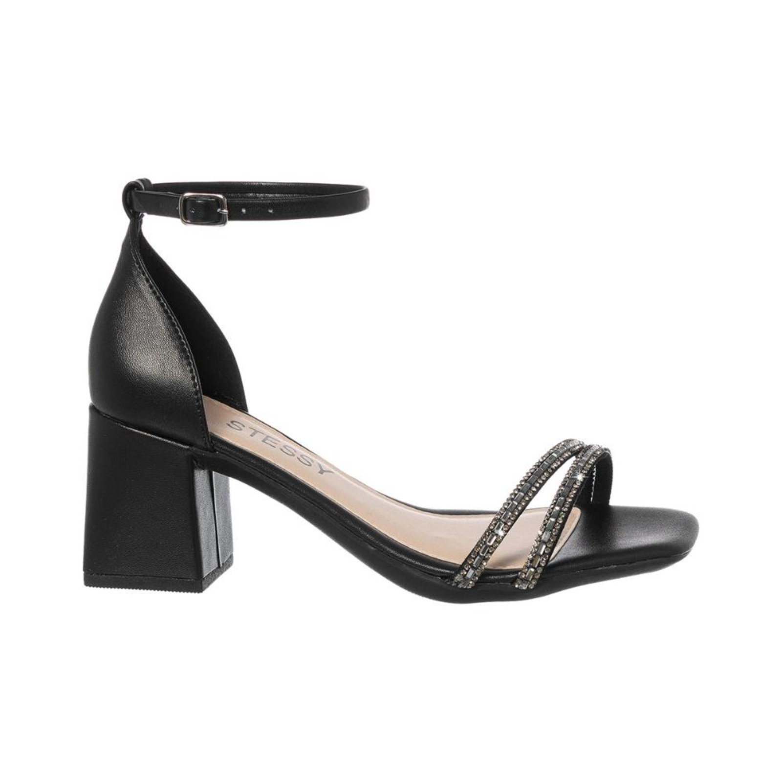 Vista 3 Sandália Feminina Salto Grosso Brilho Festa Confortável Luxo Stessy Shoes preto Stessy Shoes preto