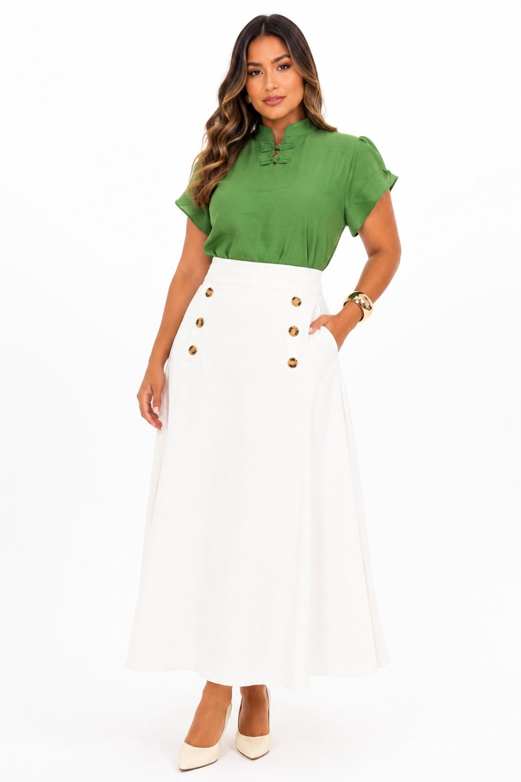 Saia Midi D Bell Outlet Fashion Botões Branco