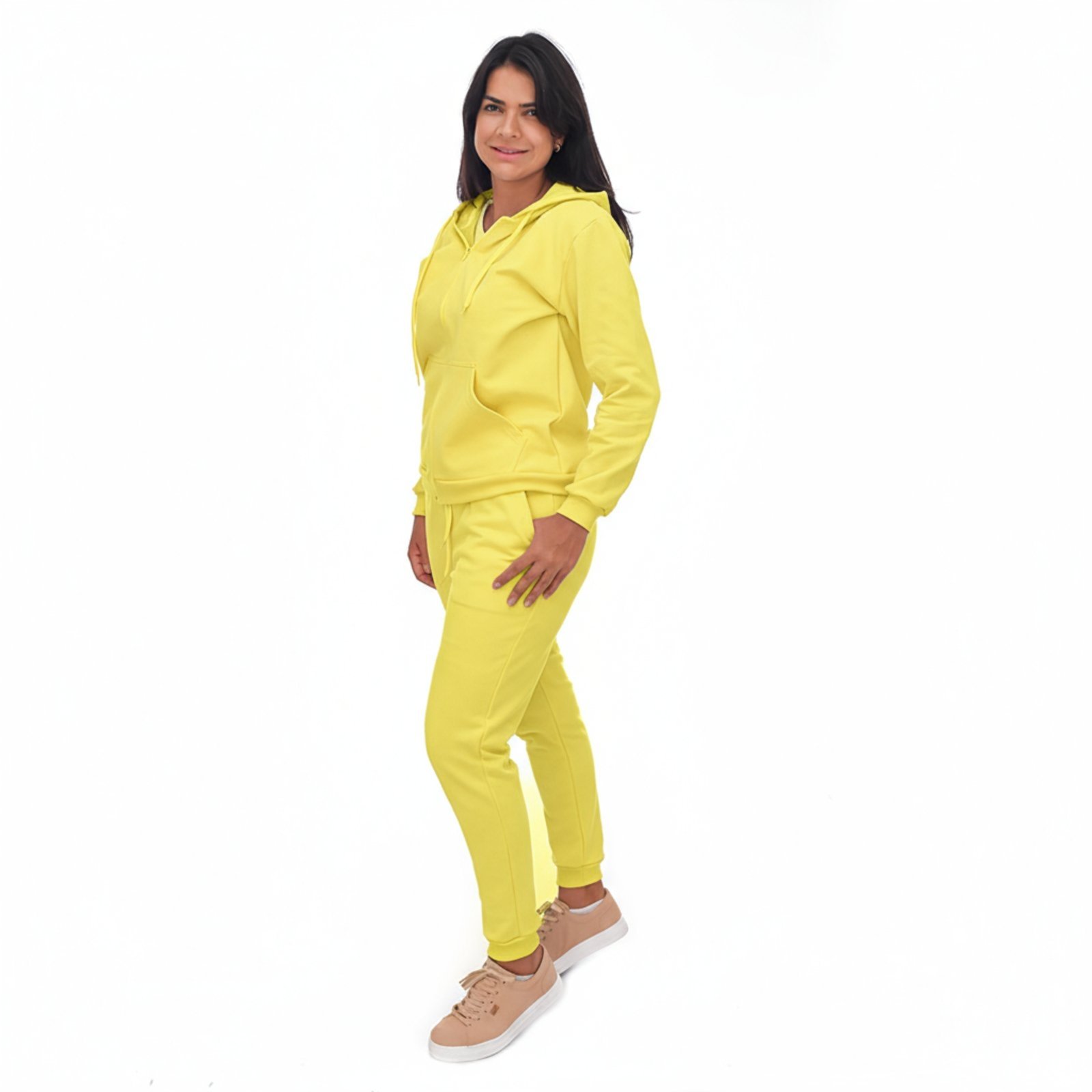 Conjunto Em Moletom Blusa Com Zíper e Capuz Jaqueta E Calça Estilo Jogger Adulto Amarelo Aliarthe