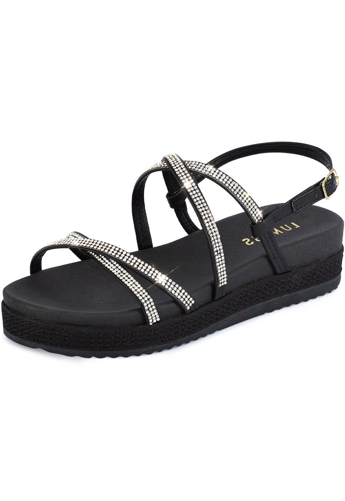 Sandália Feminina Papete Lumiss Tiras Strass Brilho Cristal Flatform Confortável Preto