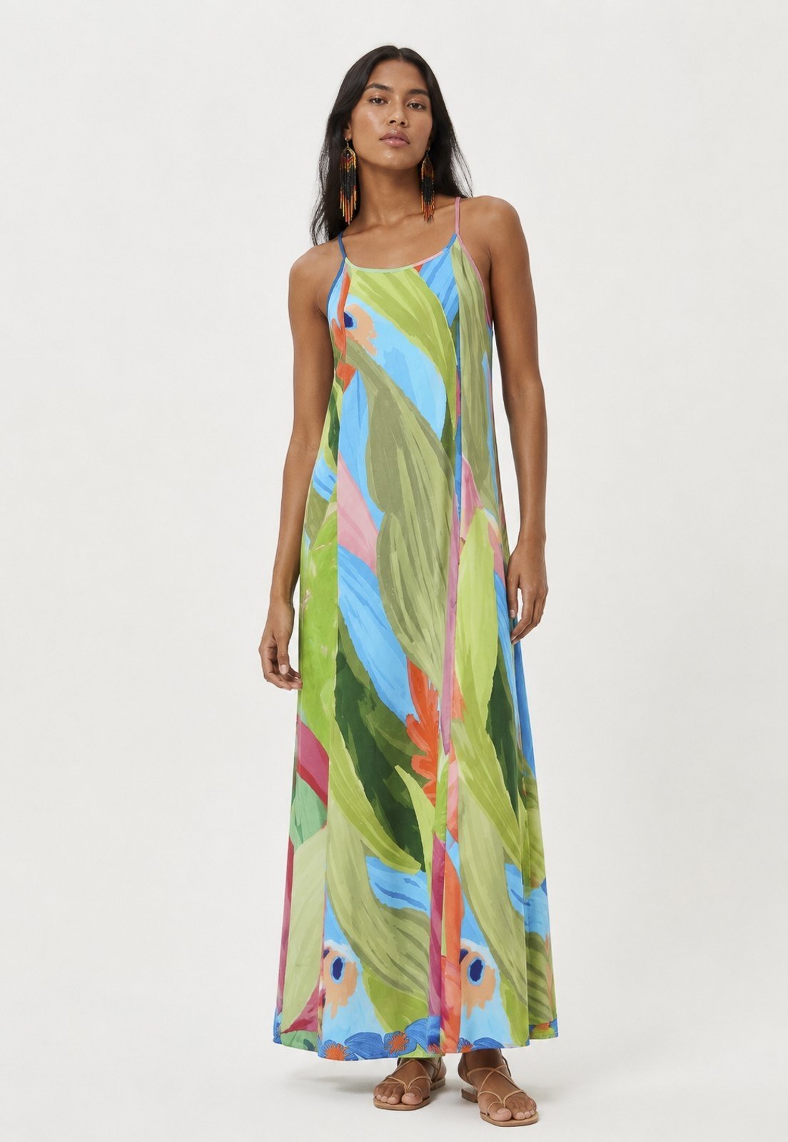 Vestido Amazonia Vital Longo Anambé Viscose com Bolsos Estampa Mata em Aquarela