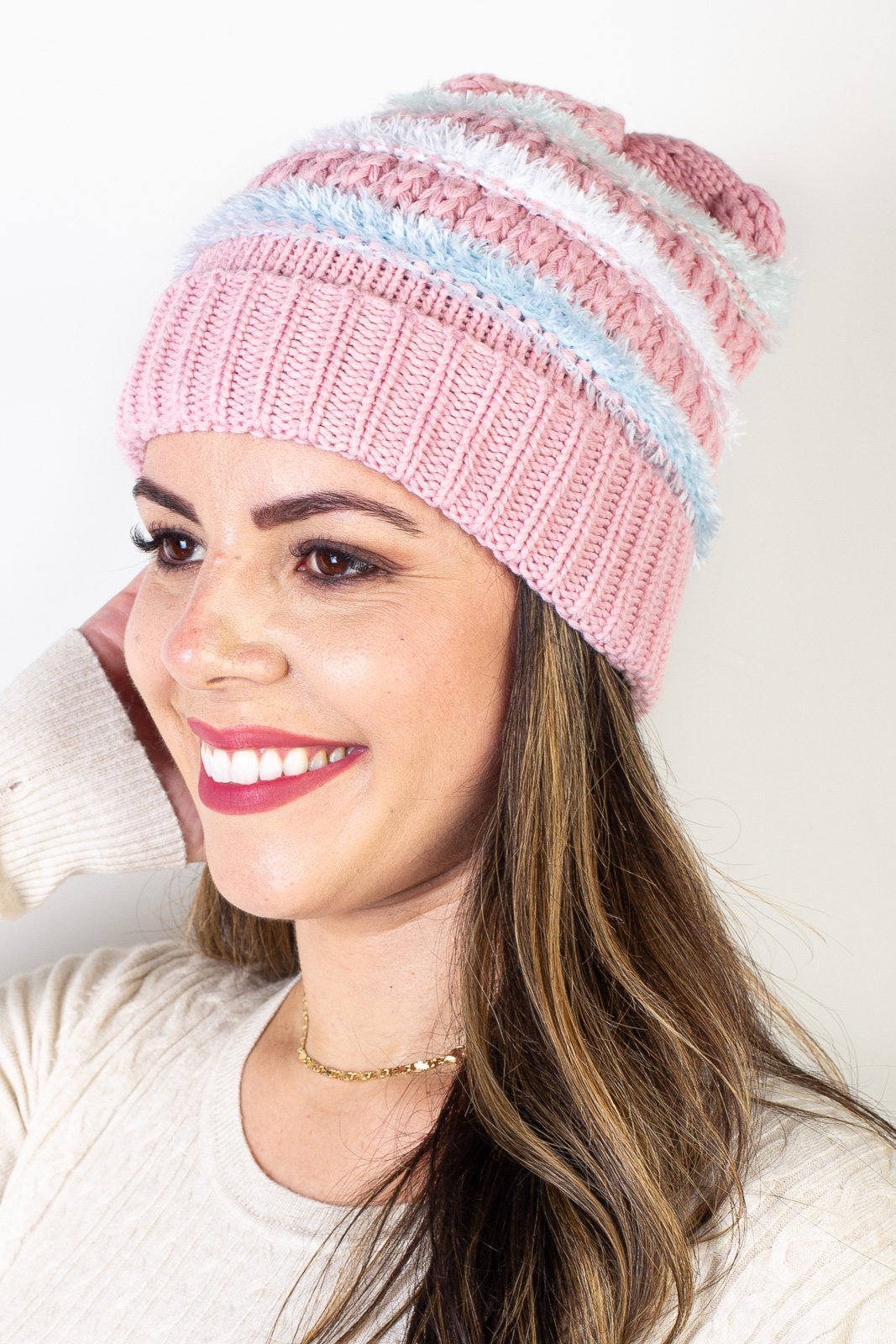 Gorro Enluaze Feminino De Malha Tricô Com Pelinho 61396 - Rosa