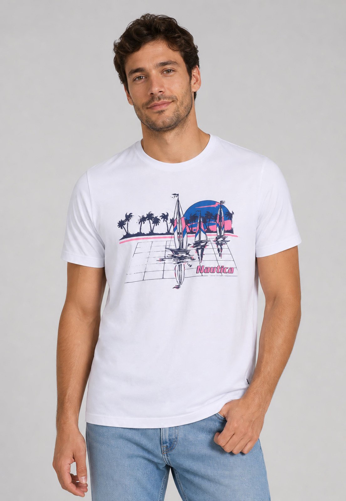 Camiseta Masculina Nautica Estampada Branca