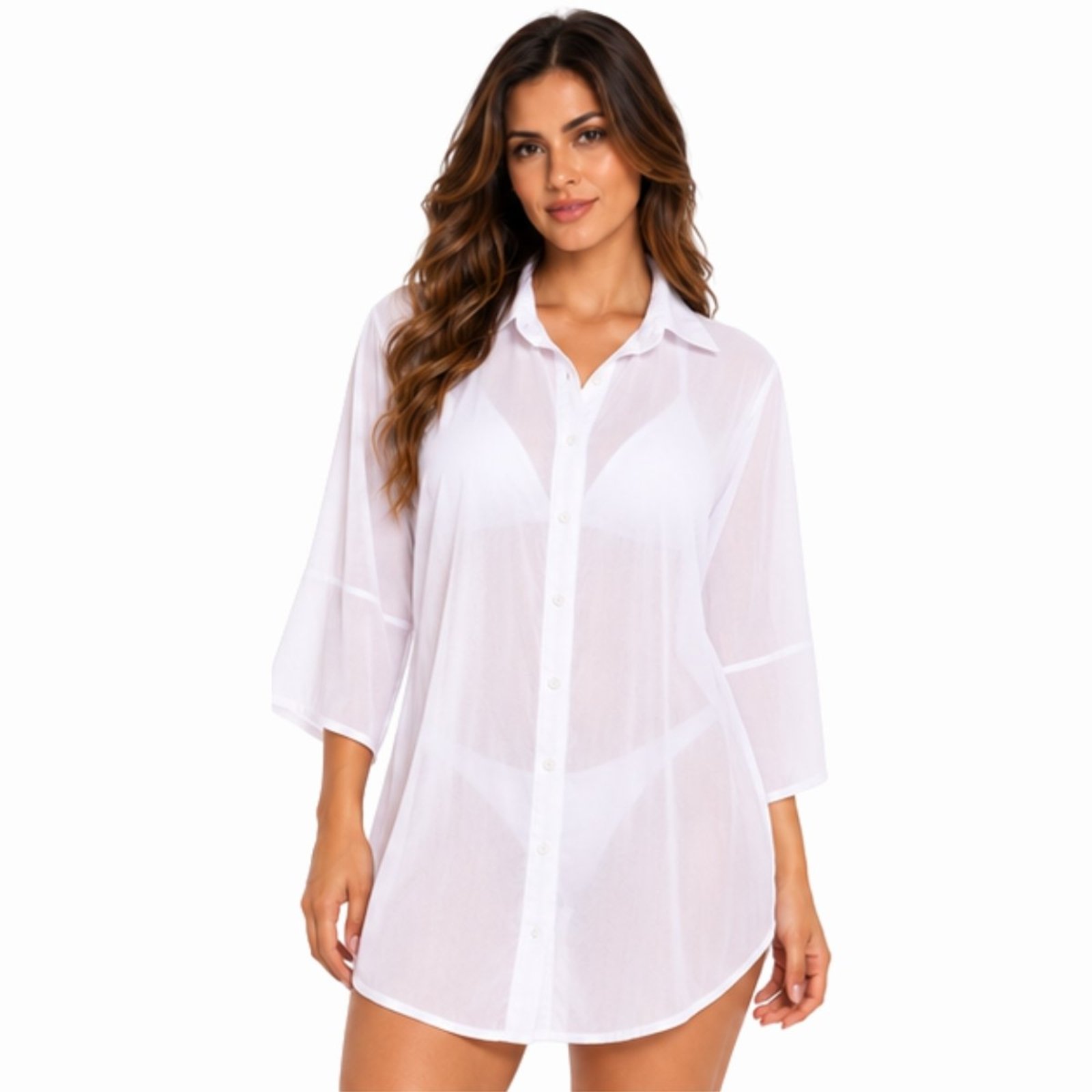 Saída de Praia Feminina Chemise Camisão com Botões Branco
