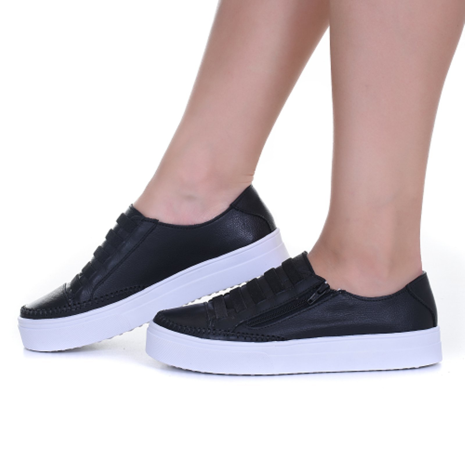 Tênis Feminino Preto Sola Alta De Couro Zíper