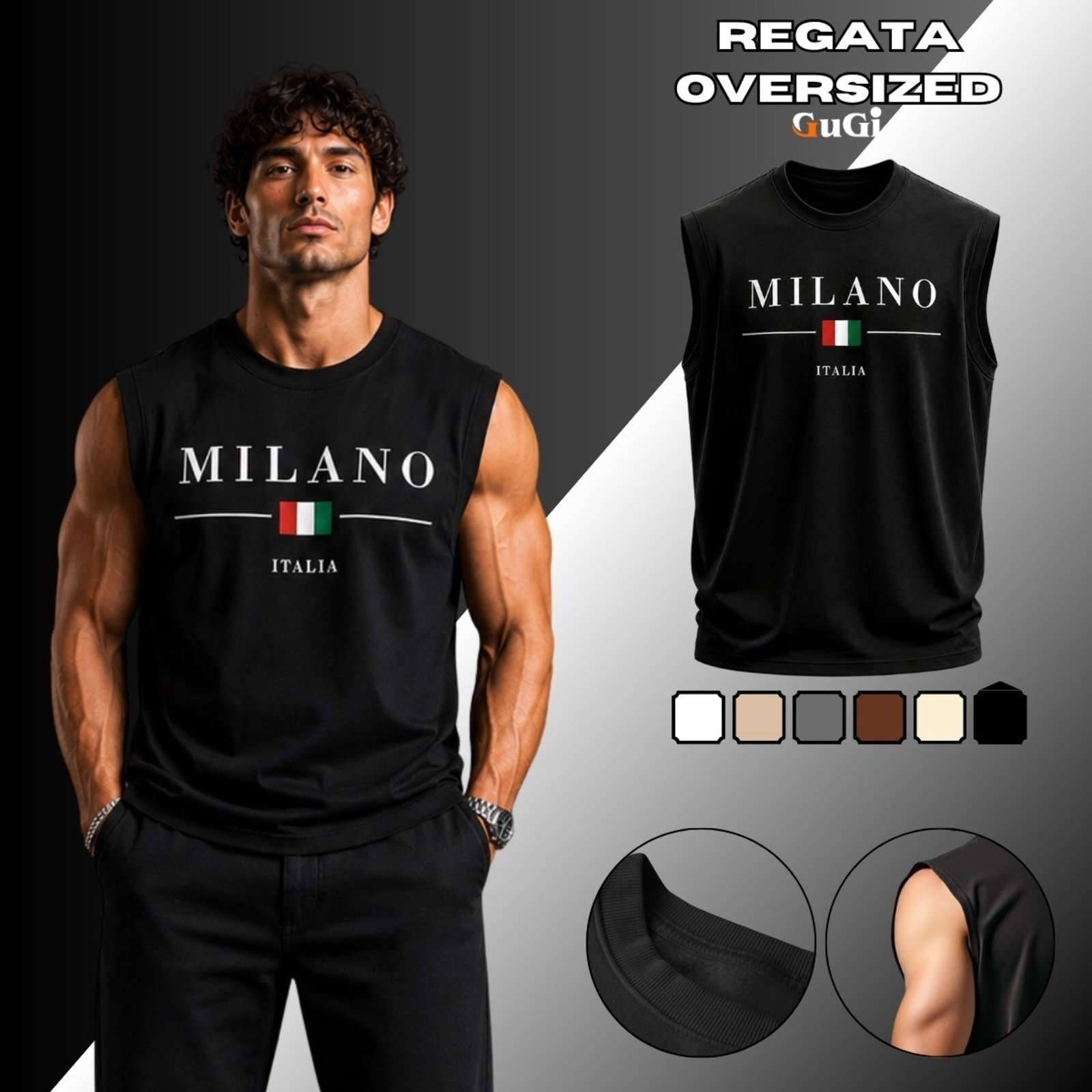 Camiseta Regata Masculina Oversized Estampada Milano Italia 100% Algodão 30.1 Preto
