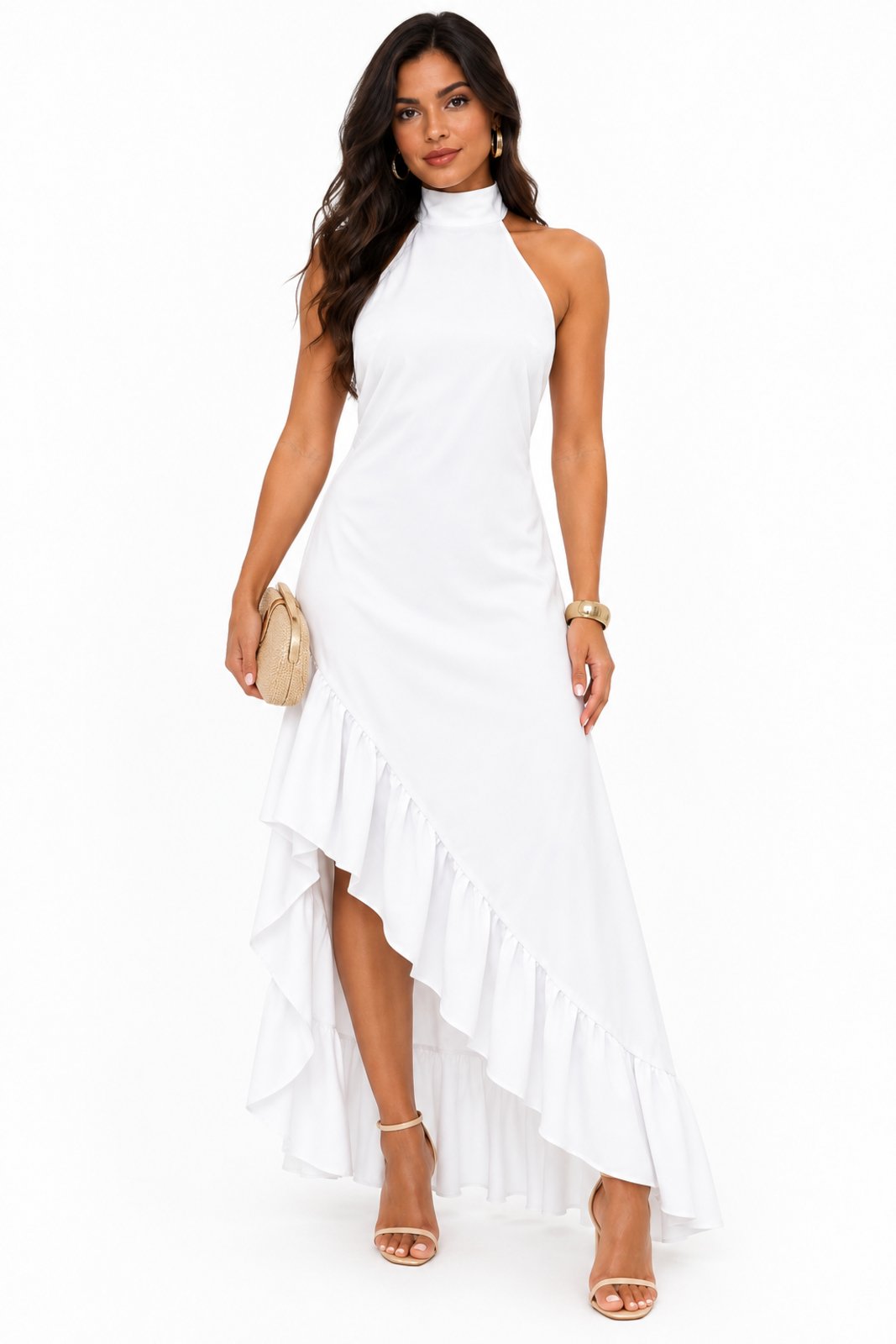 Vestido Longo D Bell Outlet Fashion Gola Alta com Saia Flare Branco
