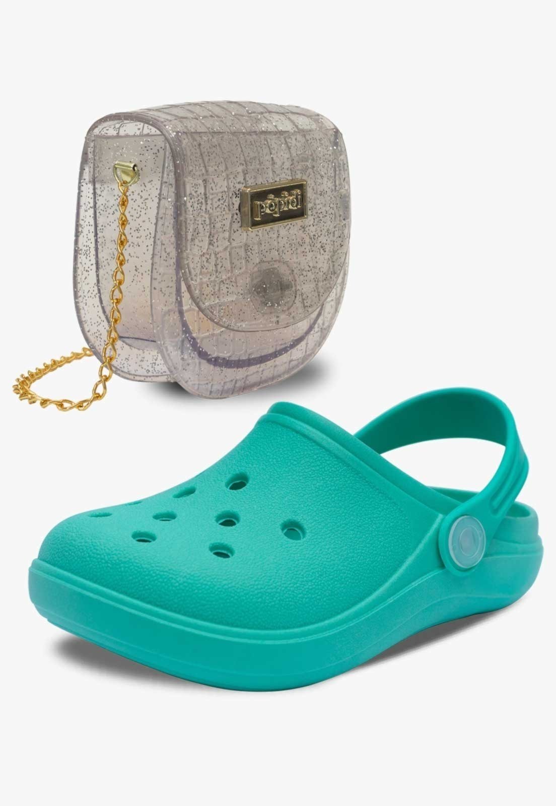 Infantil – Kit Bolsa e Sandalia Babuche Chinelo Pópidi Menina Verde e Glitter Prata