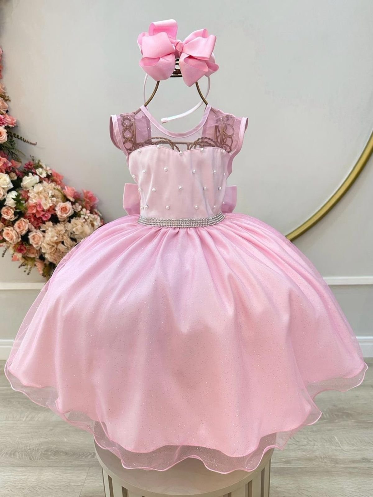 Infantil - Vestido Festa Rosa Claro Formatura Florista Casamento Pérolas Dama Daminha Social Menina Juvenil Pérolas Princesa Rodado Aniversário Luxo