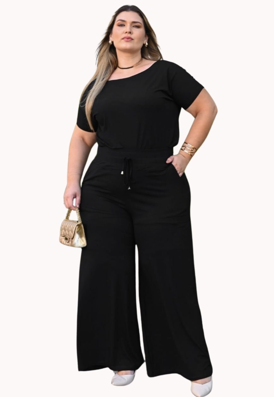 Conjunto Calça Pantalona com Forro Feminina + Blusa Premium Juquitiba Brasil Preto