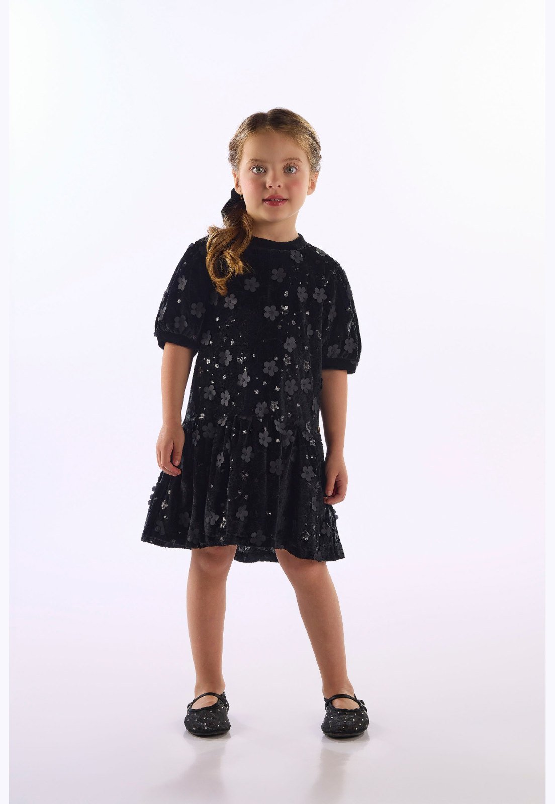 Infantil - Vestido Veludo Bordado Forro Up Baby Preto