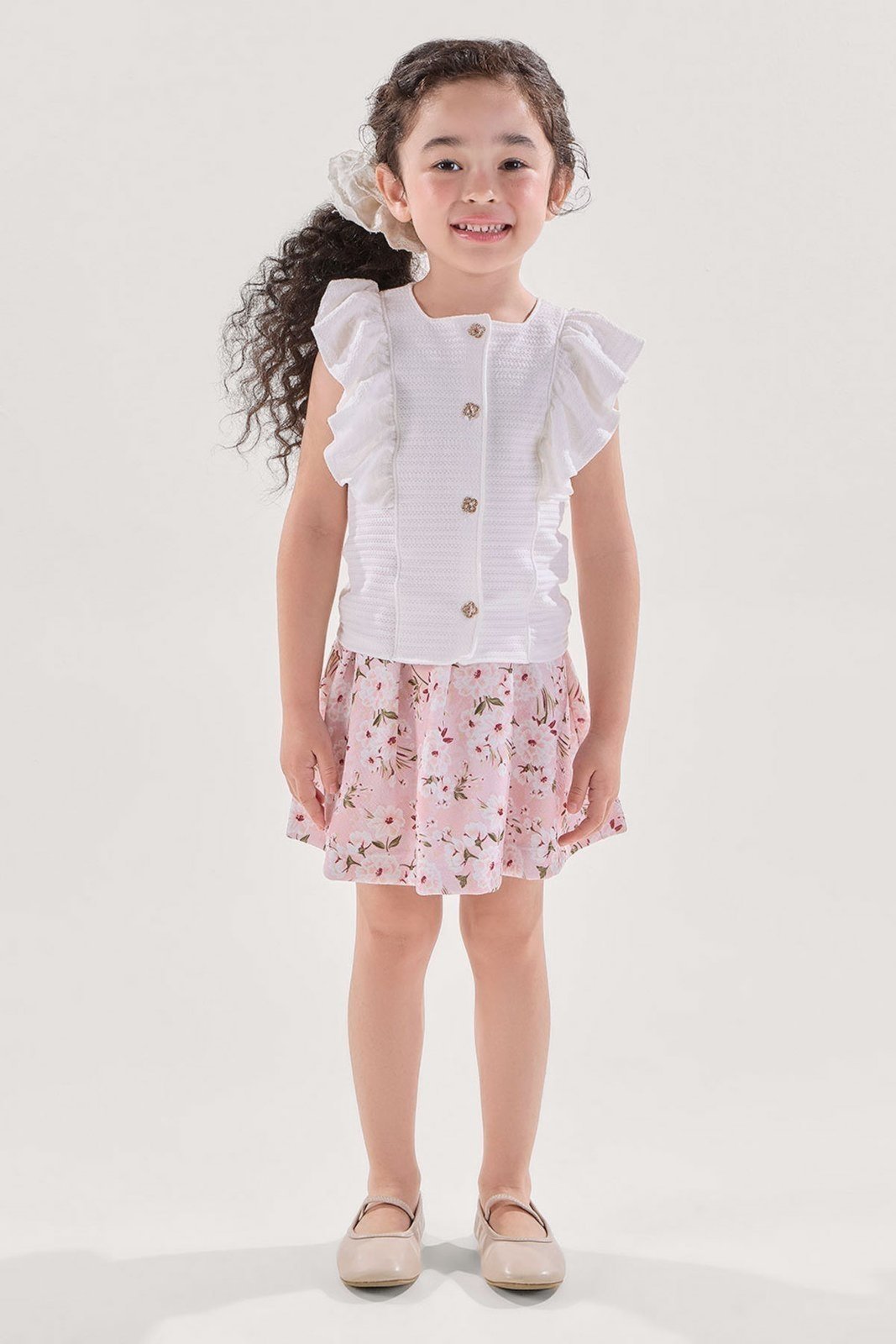 Infantil - Conjunto Blusa Off Texturizada com Short-Saia Estampado