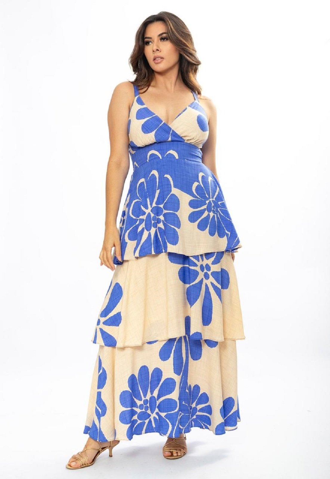 Vista 3 Vestido Longo Amazônia Vital Bababo Estampa Bloom Azul Amazonia Vital bege/estampado azul