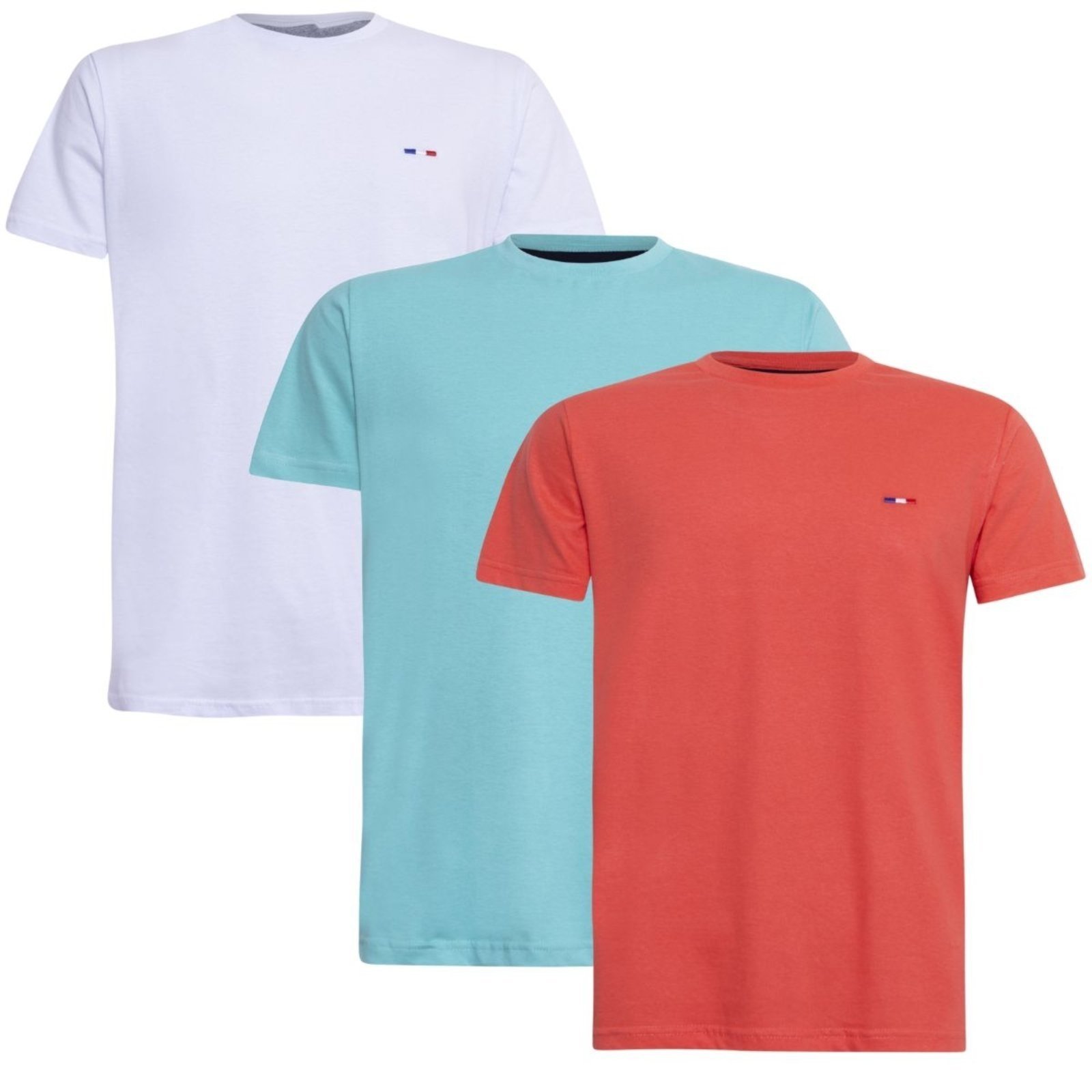 Kit 3 Peças Camisetas Básicas Masculina FMF em Algodão Premium no Estilo Tommy Bordado França Branco Laranja