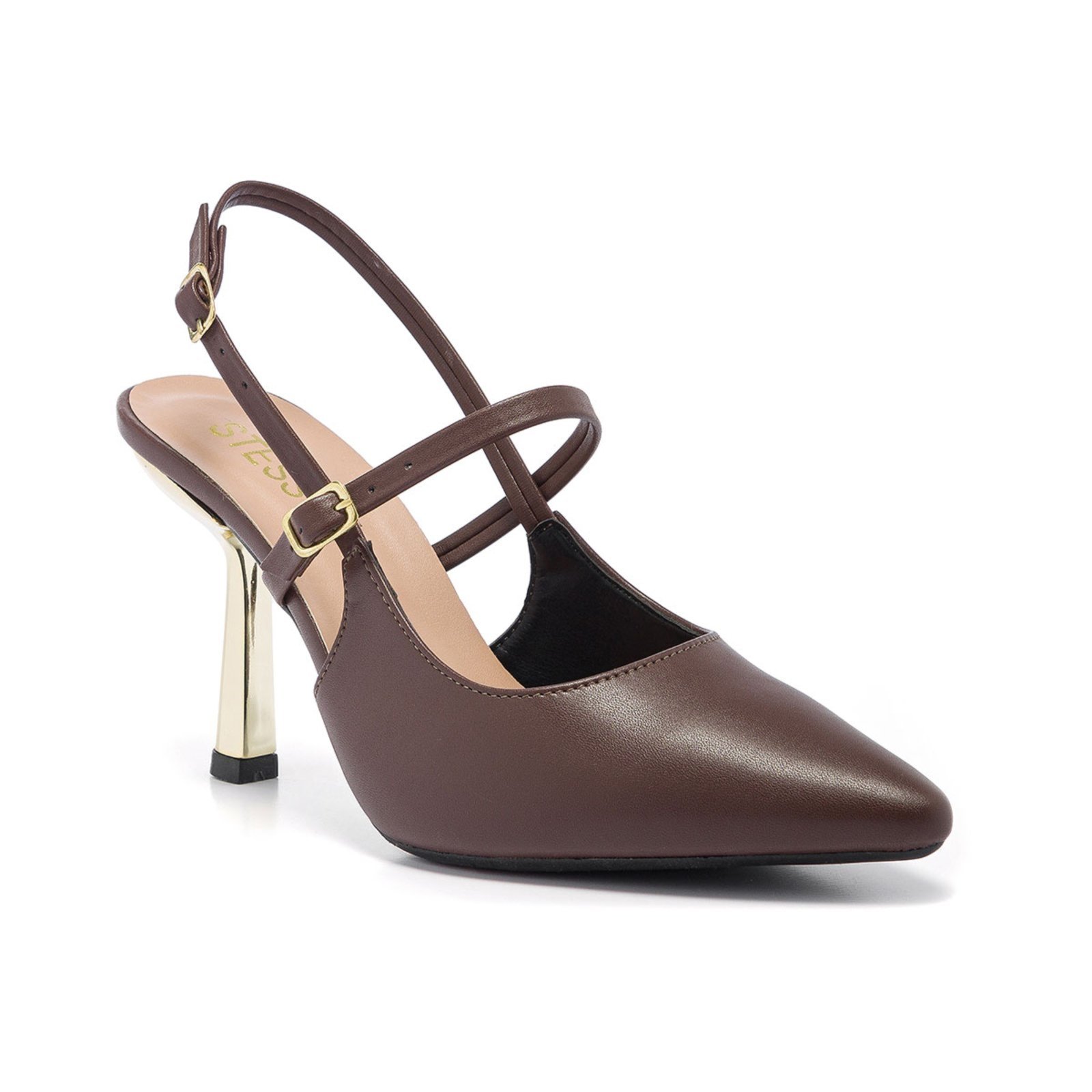 Scarpin Slingback Feminino Stessy Salto Alto Metalizado Com Fivela Marrom